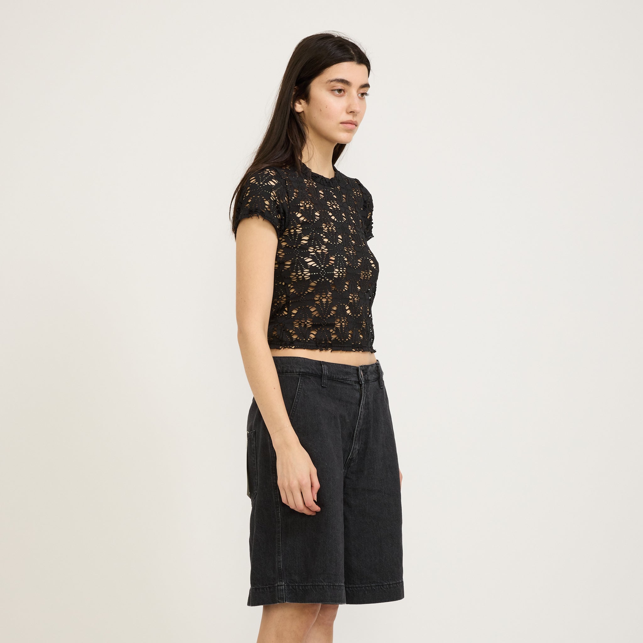 Bassike | Raw Edge Lace Baby T-Shirt Black | Maplestore