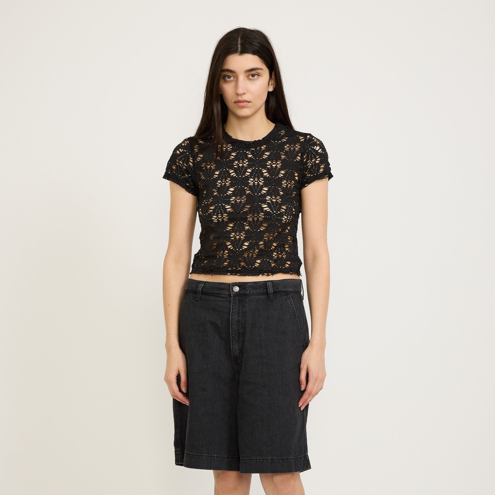 Bassike | Raw Edge Lace Baby T-Shirt Black | Maplestore