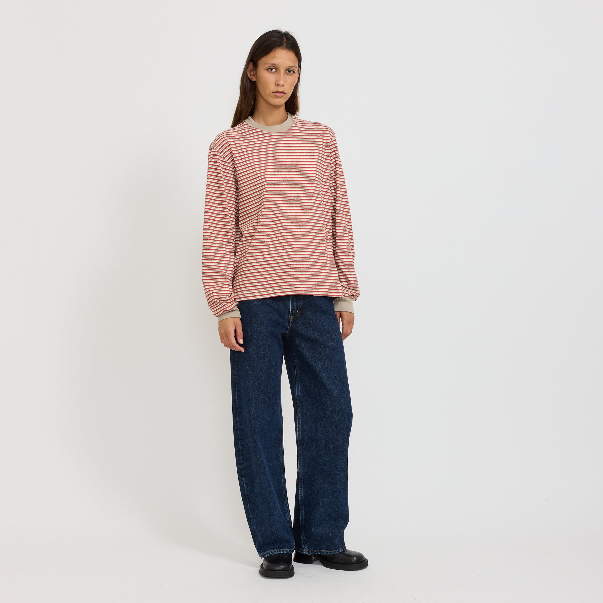 Bassike | Recycled Slouch L/S T-Shirt Red/Beige/Undyed | Maplestore