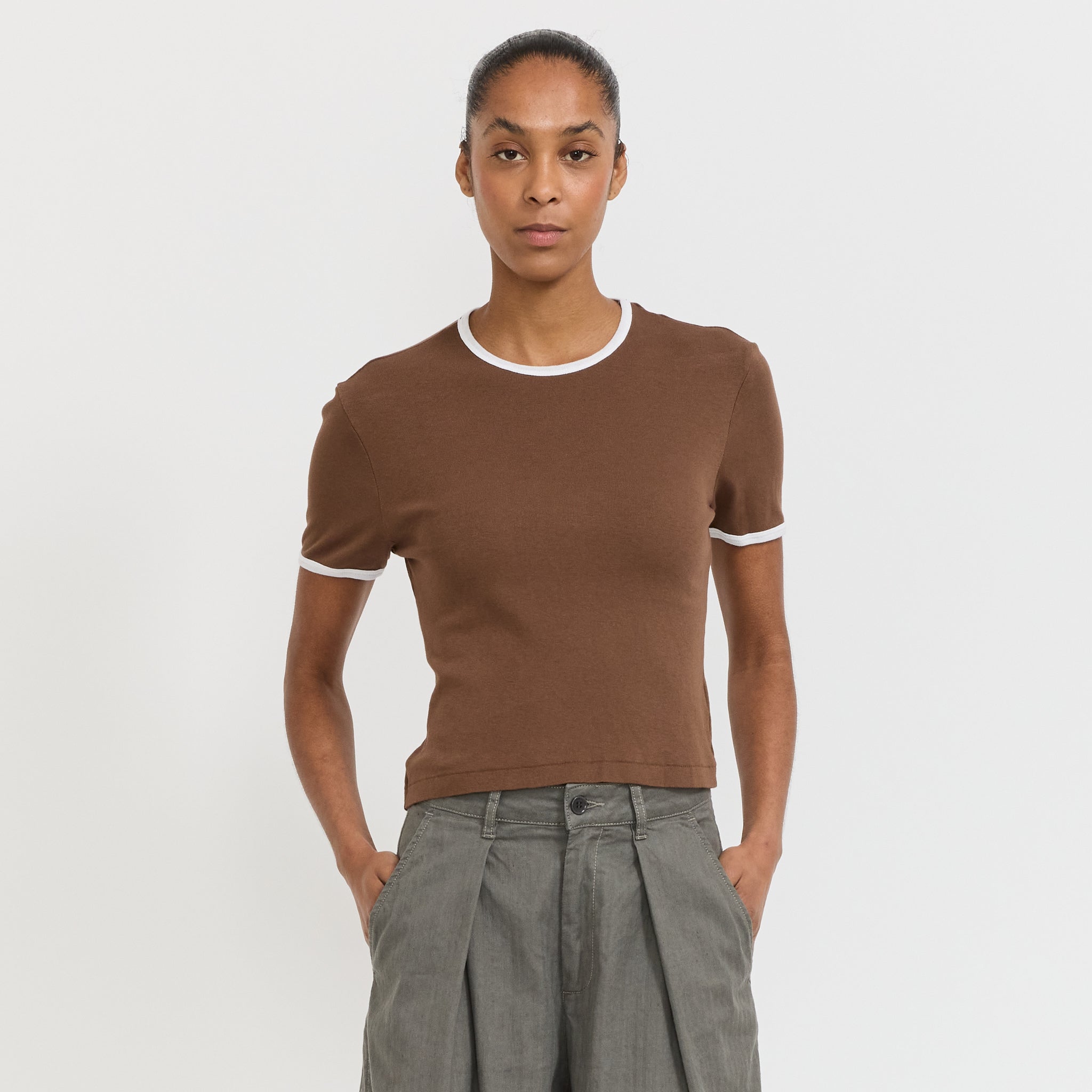 Rib Contrast Baby T-Shirt Chocolate Brown/White