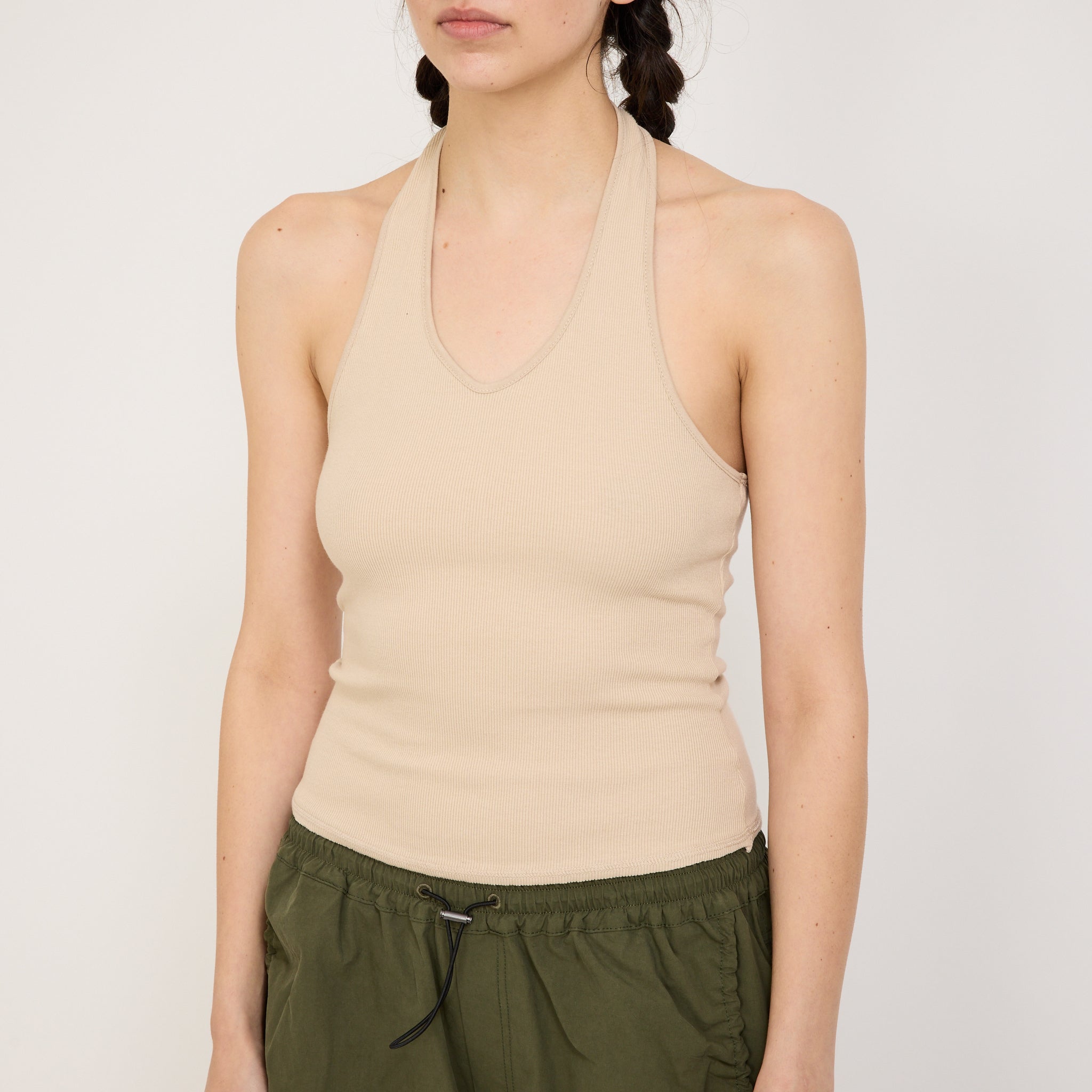 Bassike | Rib Halter Neck Tank Dune | Maplestore