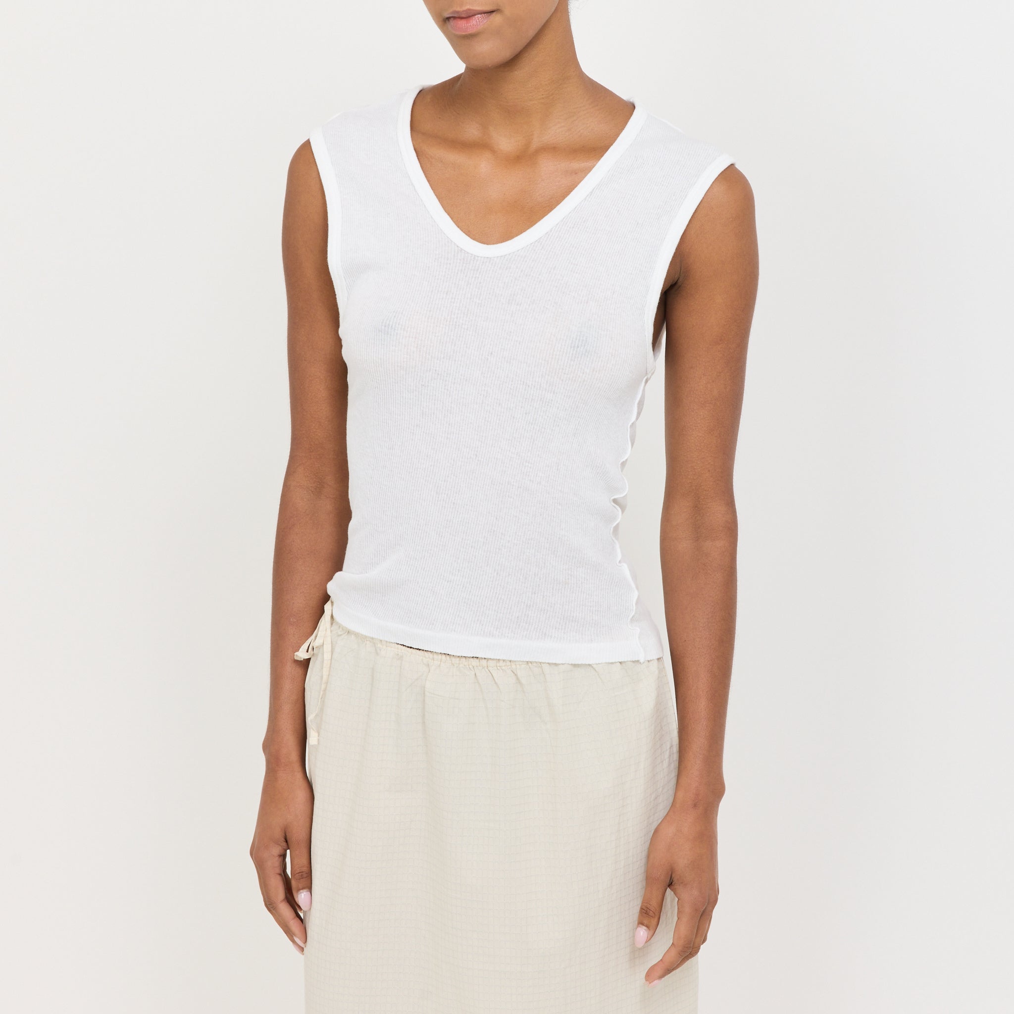 Sheer Rib V-Neck Muscle Tank White