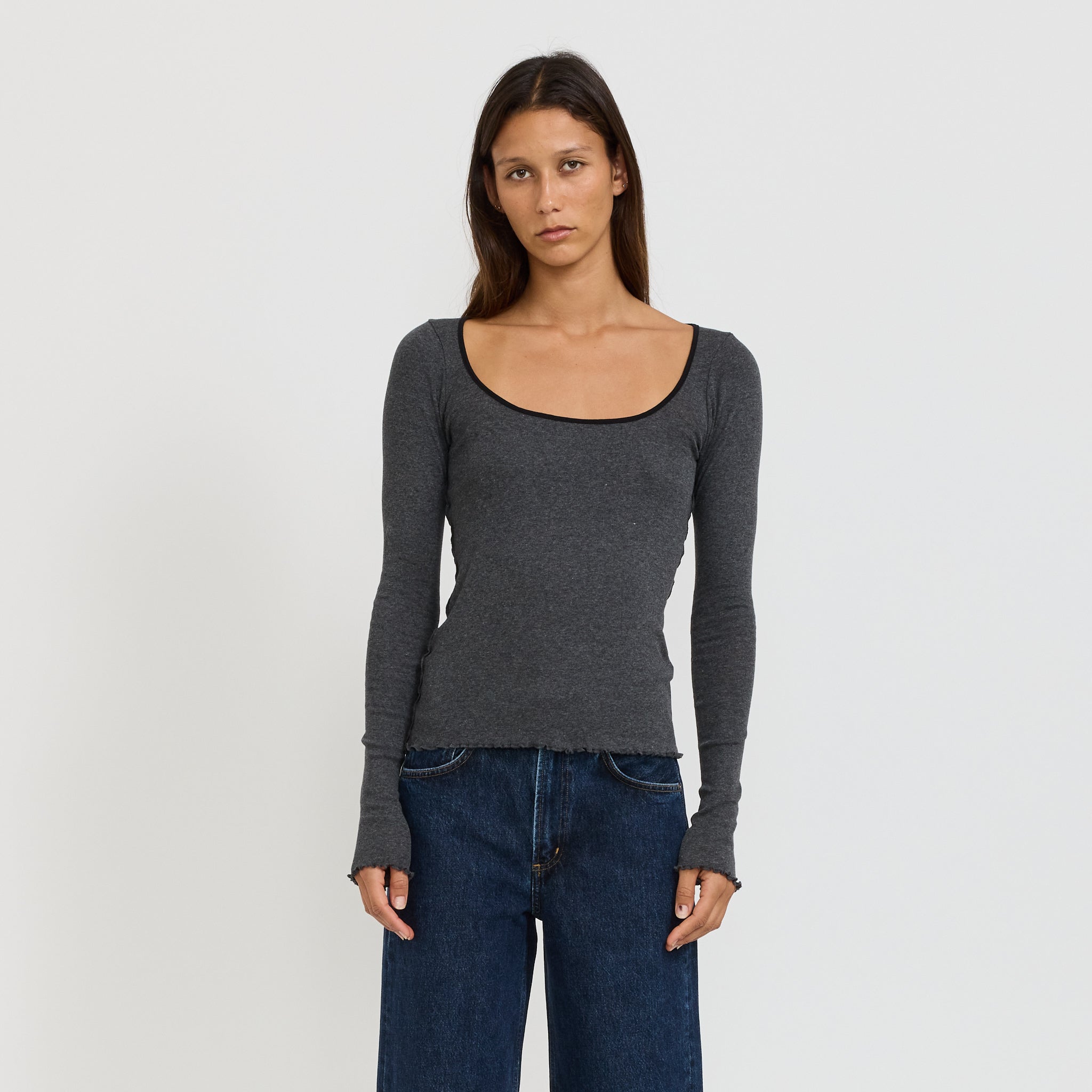 Bassike | Slim Babylock Scoop Neck L/S Charcoal/Marle/Black | Maplestore