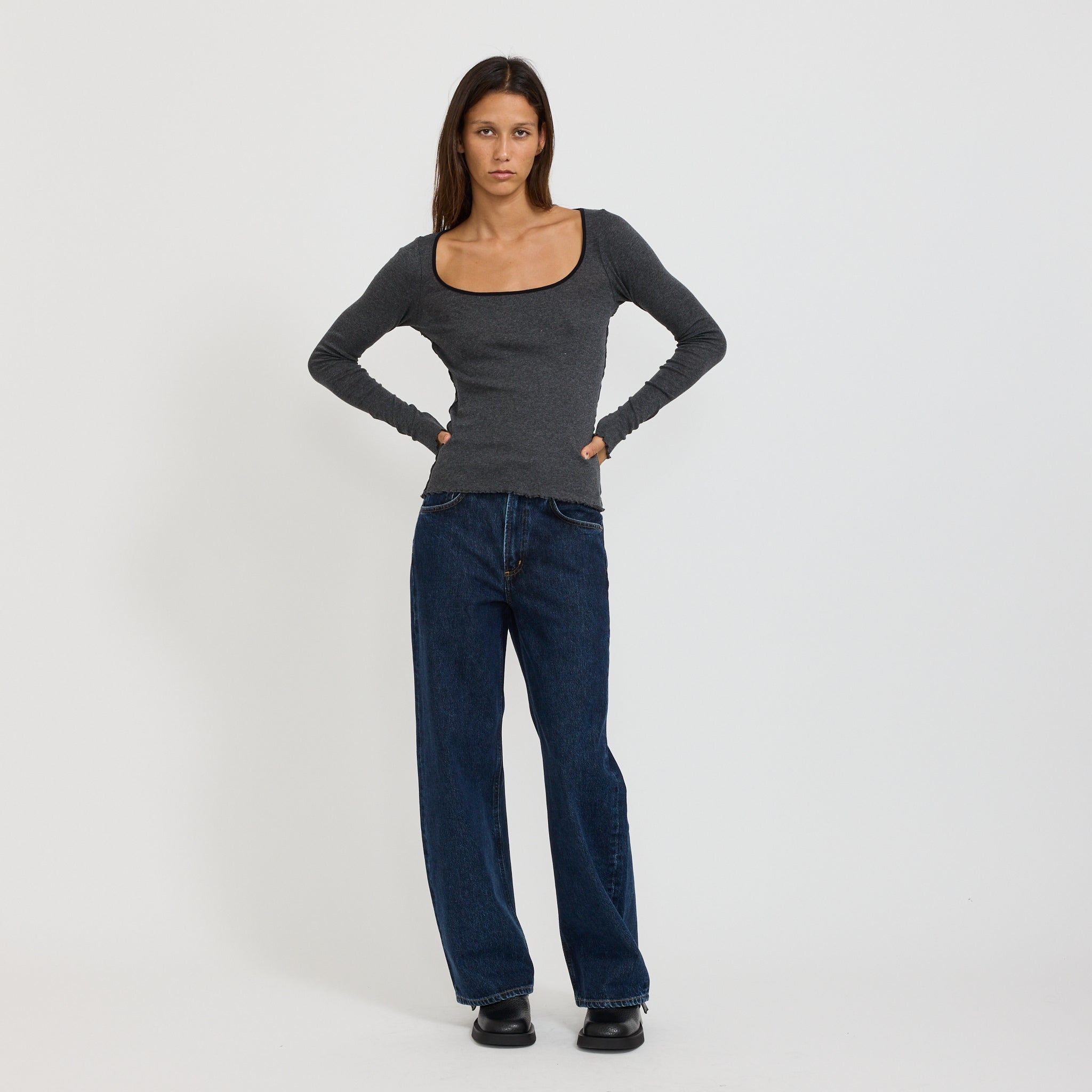 Bassike | Slim Babylock Scoop Neck L/S Charcoal/Marle/Black | Maplestore
