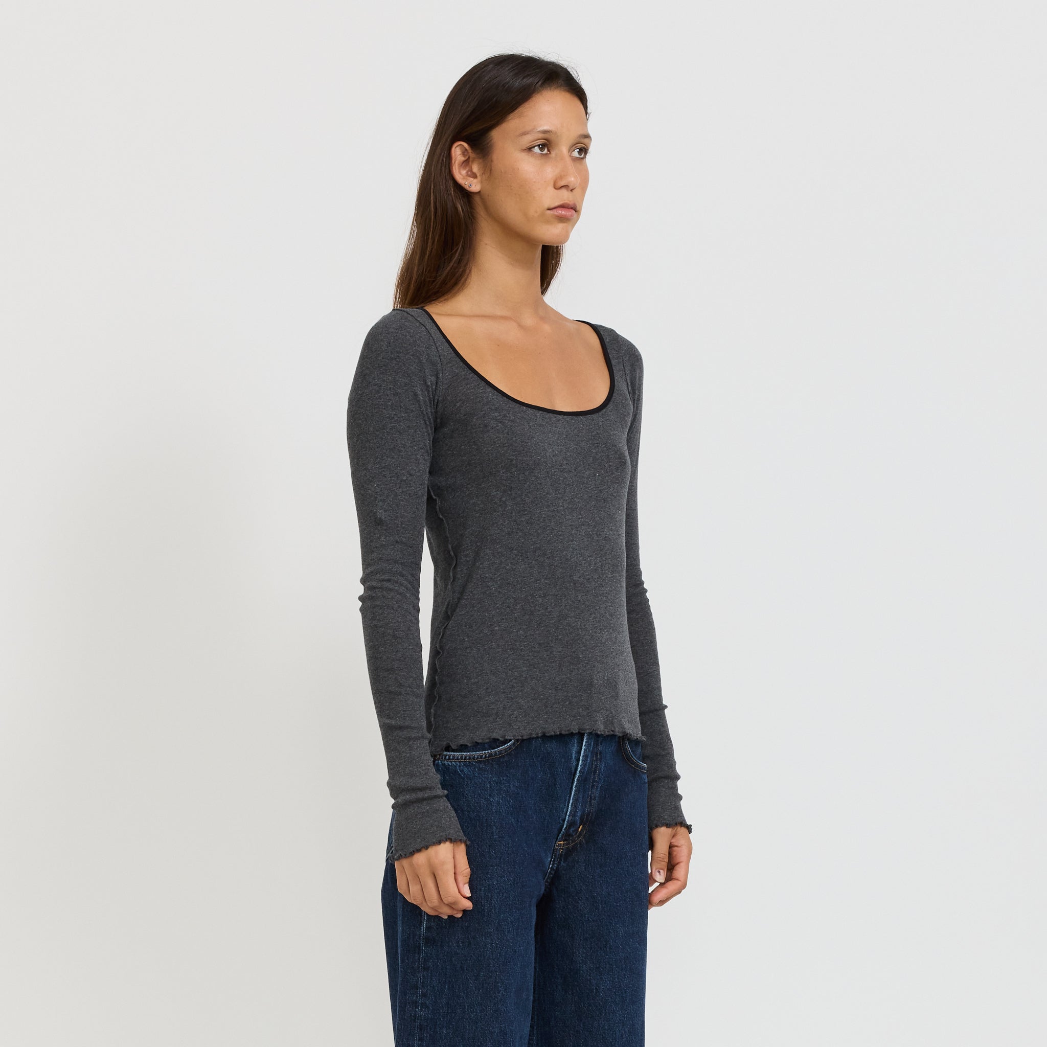 Bassike | Slim Babylock Scoop Neck L/S Charcoal/Marle/Black | Maplestore