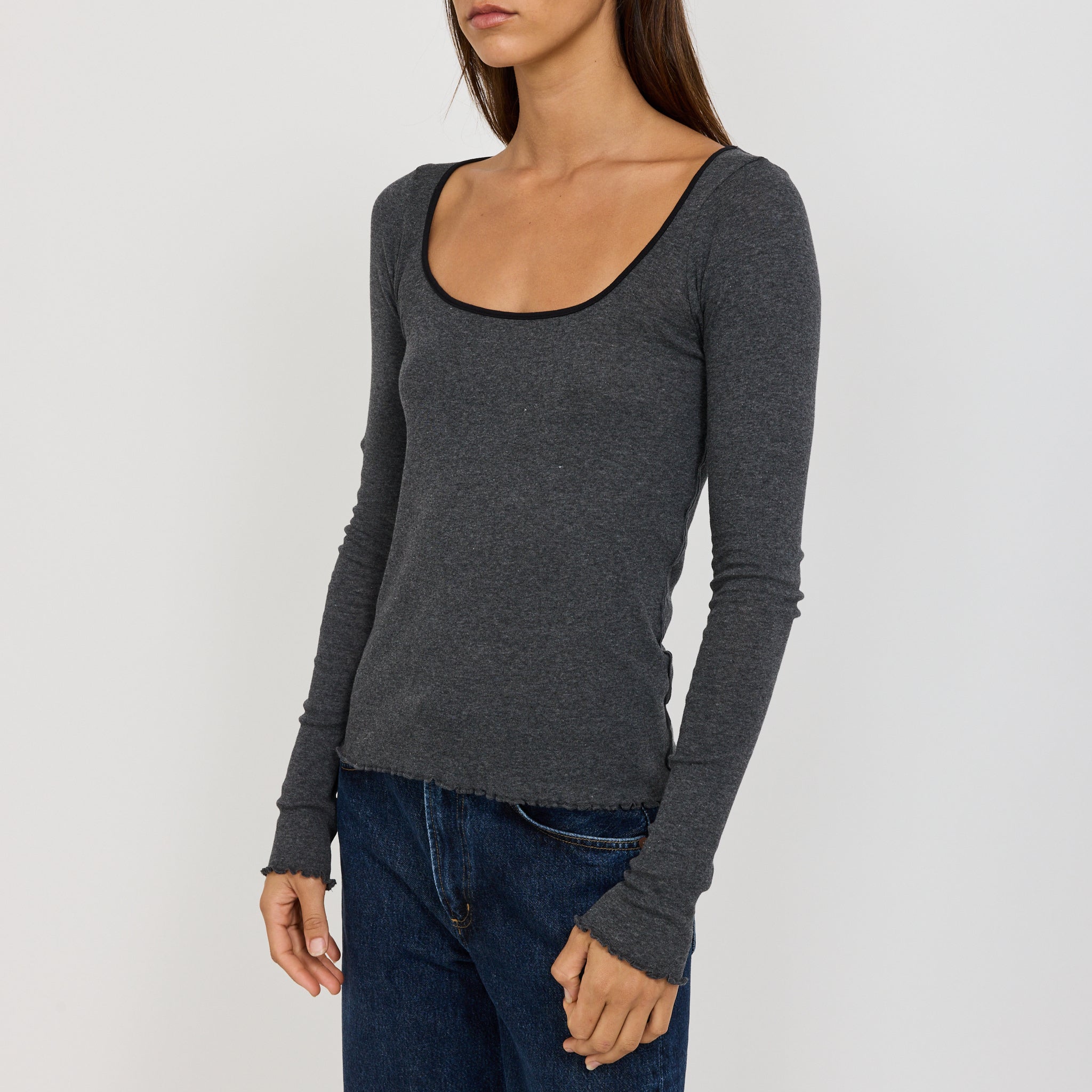Bassike | Slim Babylock Scoop Neck L/S Charcoal/Marle/Black | Maplestore