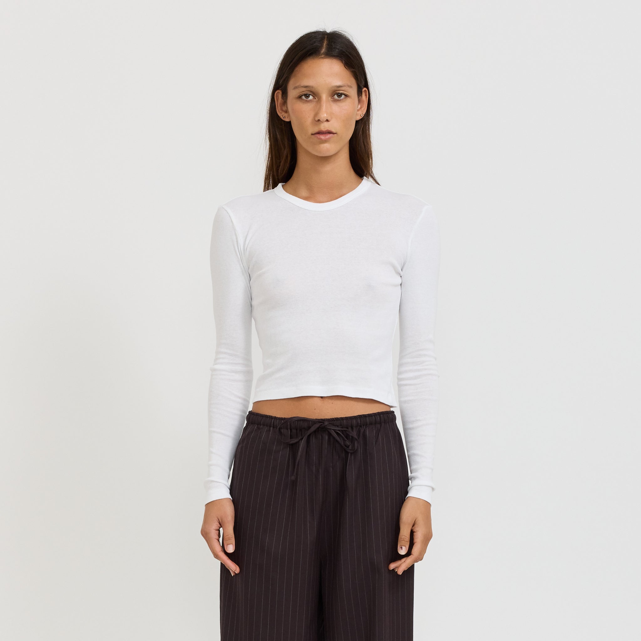 Bassike | Slim Fit Rib L/S Baby Tee White | Maplestore