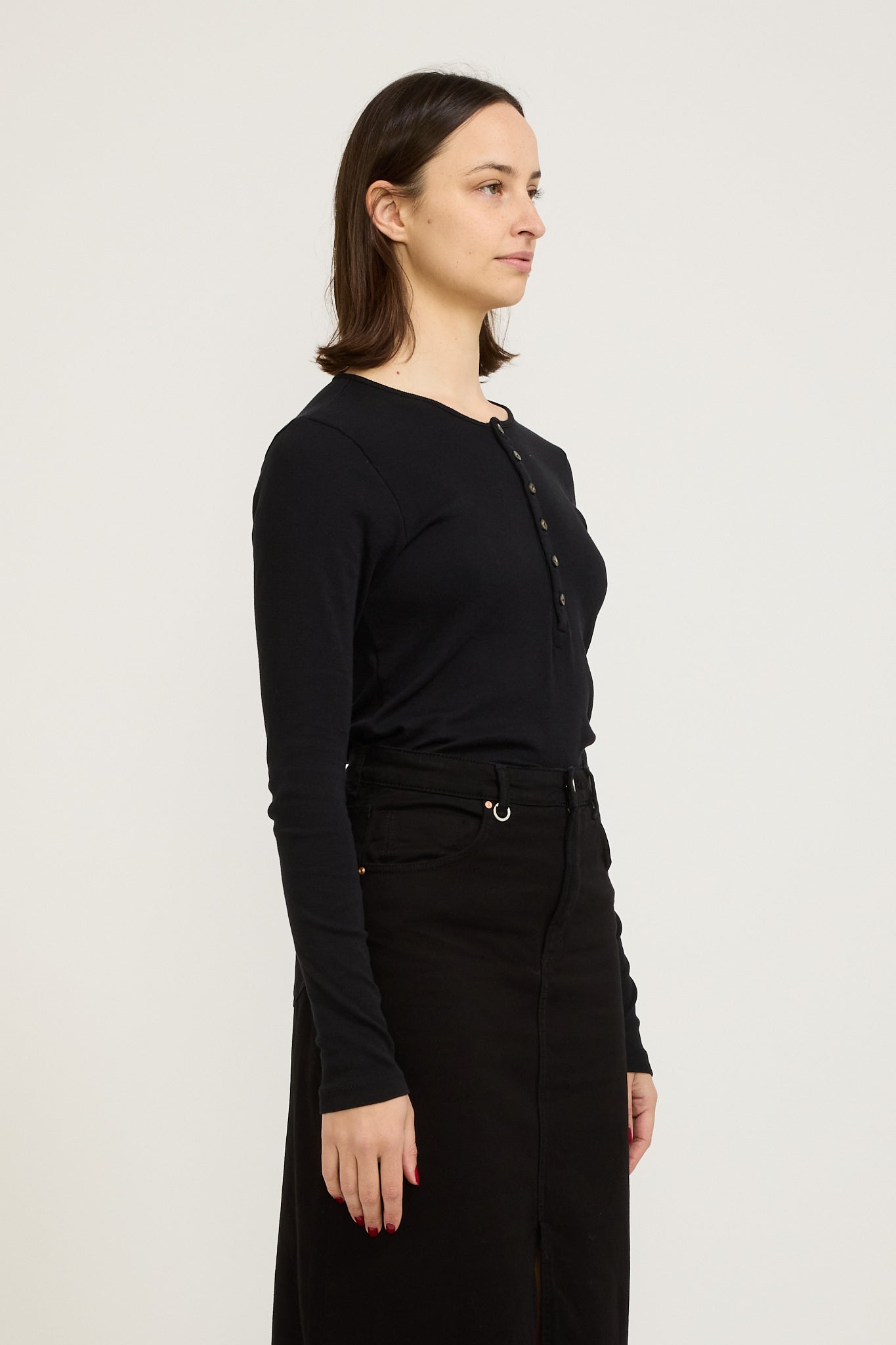 Bassike | Slim Rib Placket L/S T-Shirt Black | Maplestore