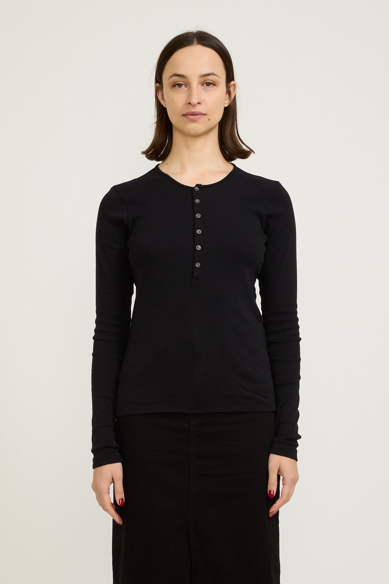 Bassike | Slim Rib Placket L/S T-Shirt Black | Maplestore