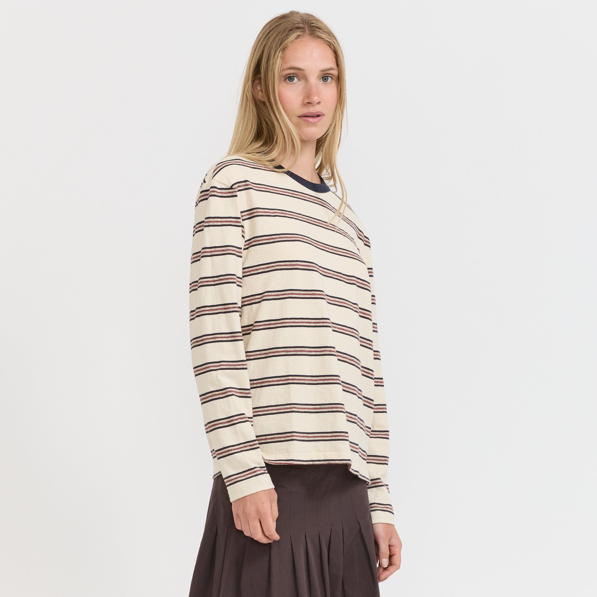 Bassike | Stripe Boyfriend L/S T-Shirt Navy/Red/Natural Stripe | Maplestore