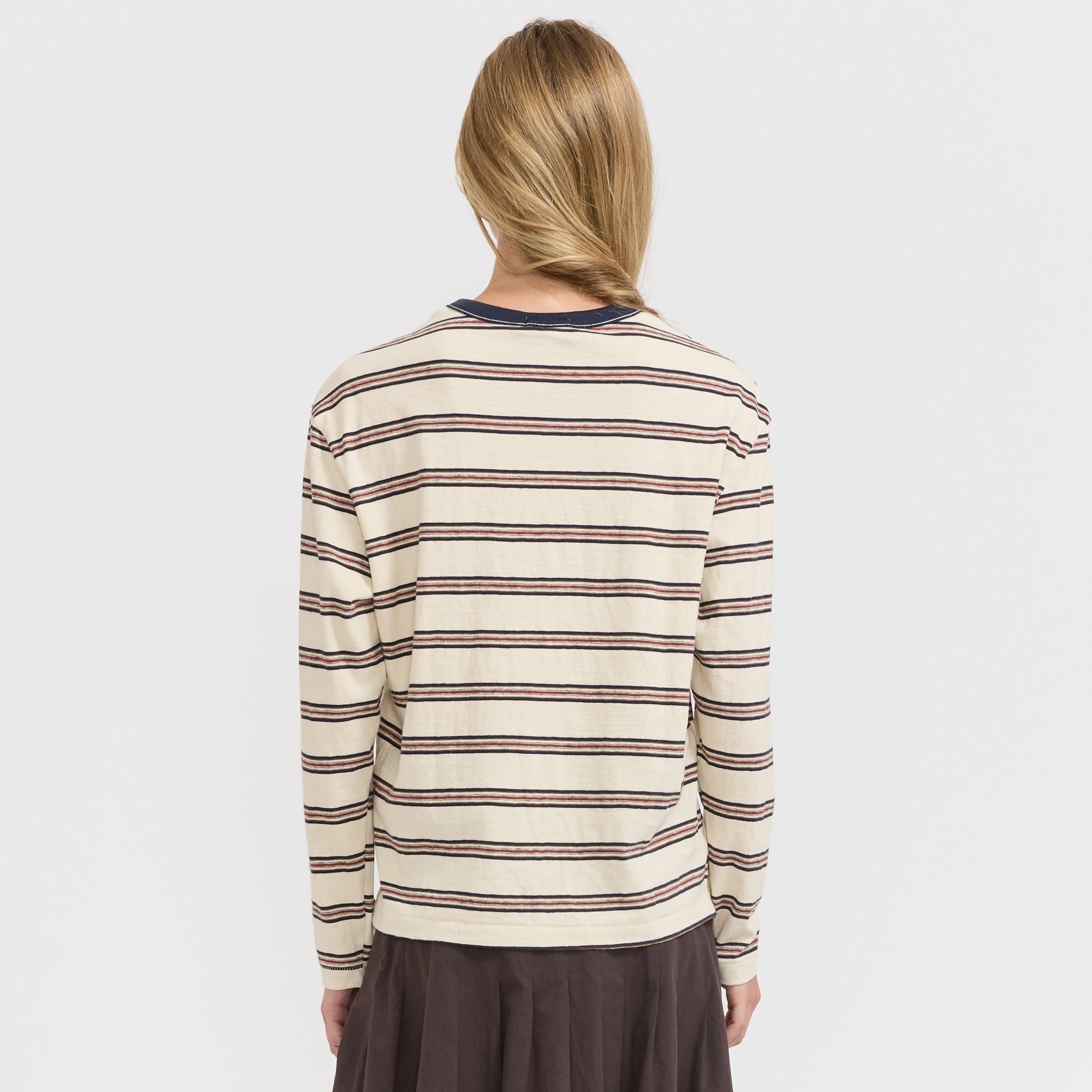Bassike | Stripe Boyfriend L/S T-Shirt Navy/Red/Natural Stripe | Maplestore