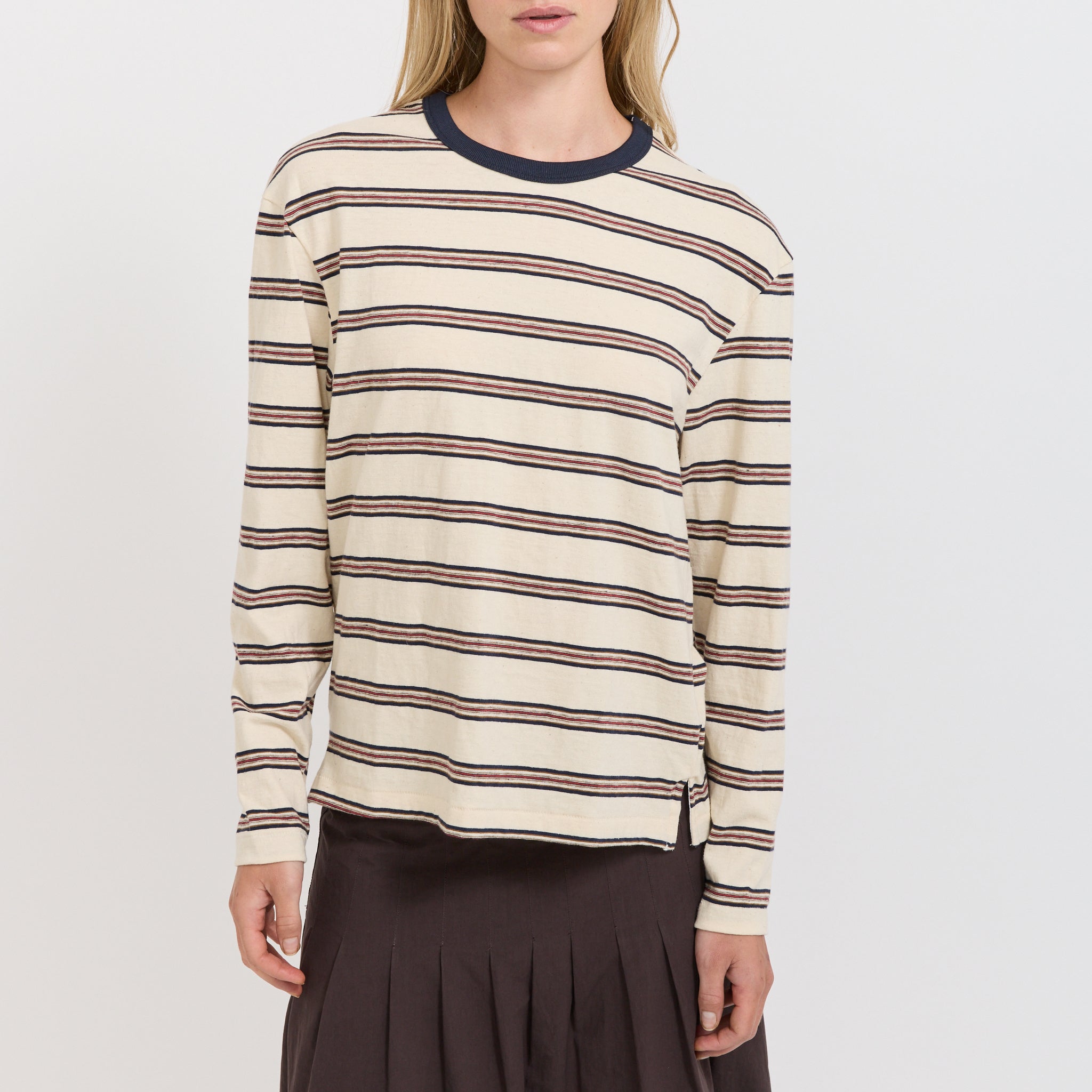 Bassike | Stripe Boyfriend L/S T-Shirt Navy/Red/Natural Stripe | Maplestore