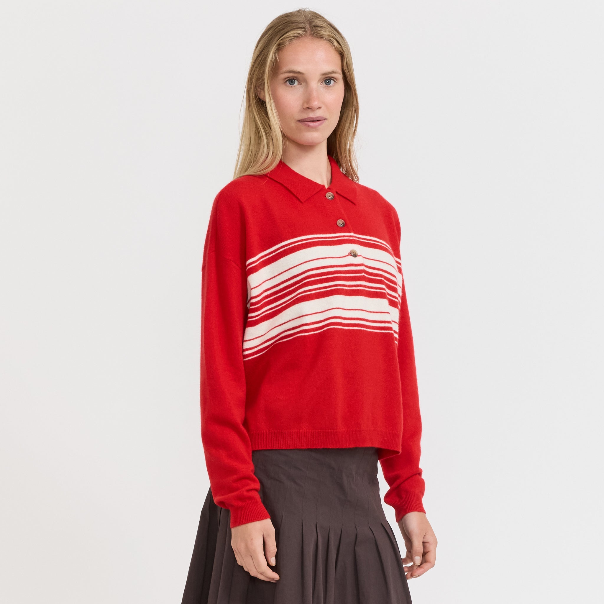 Bassike | Stripe Wool Cashmere Polo Red/Natural | Maplestore