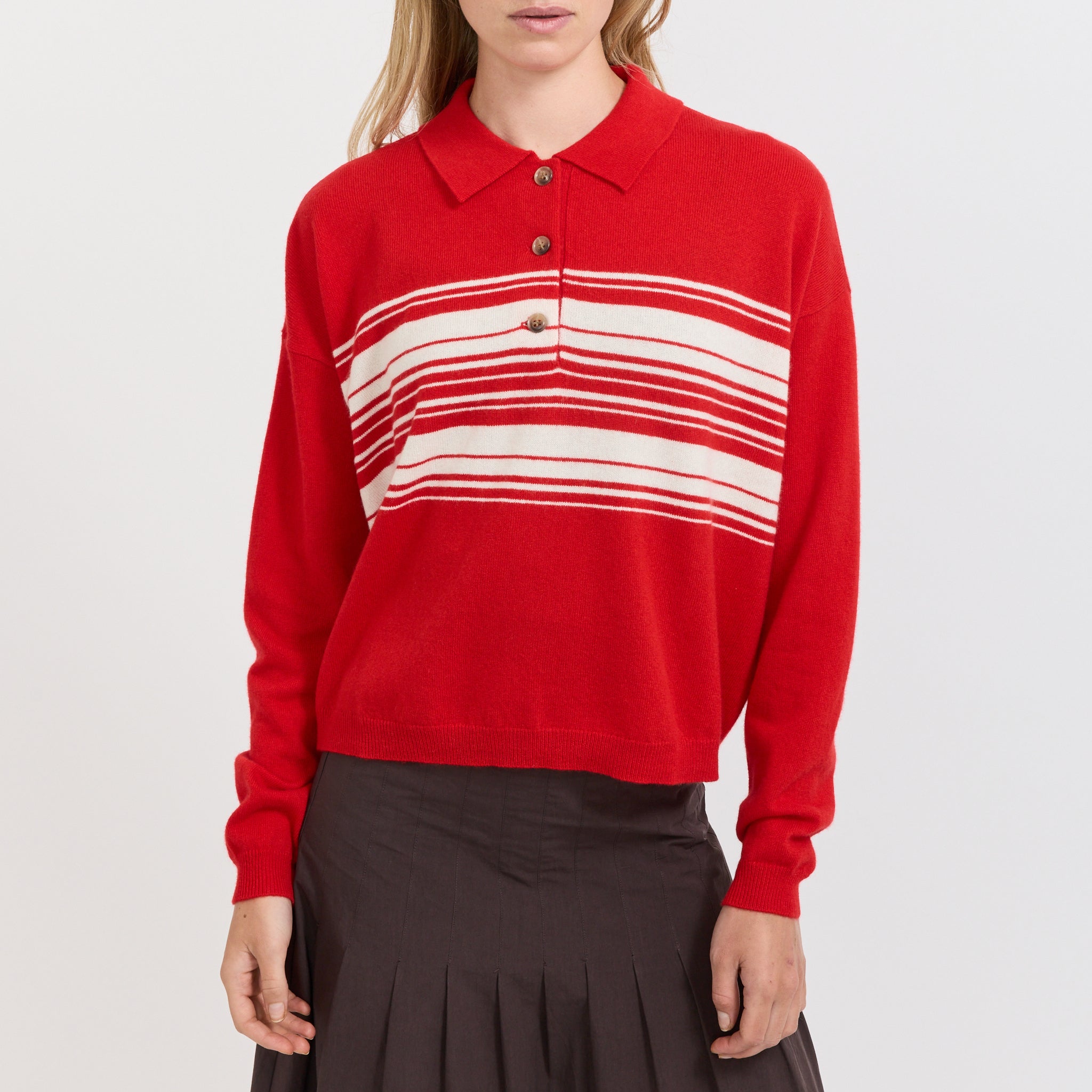 Bassike | Stripe Wool Cashmere Polo Red/Natural | Maplestore