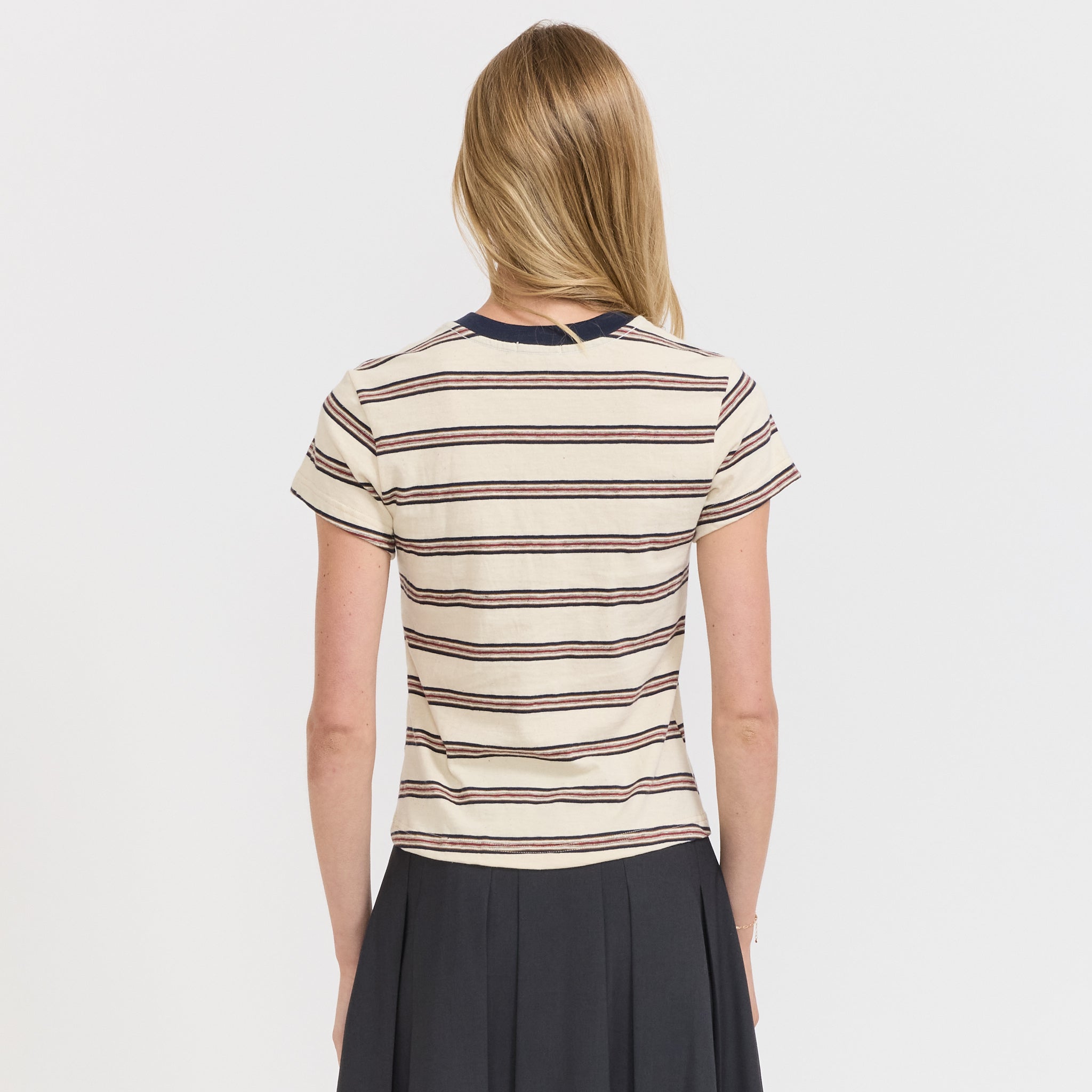 Bassike | Vintage V-Neck Baby T-Shirt Navy/Red/Natural | Maplestore
