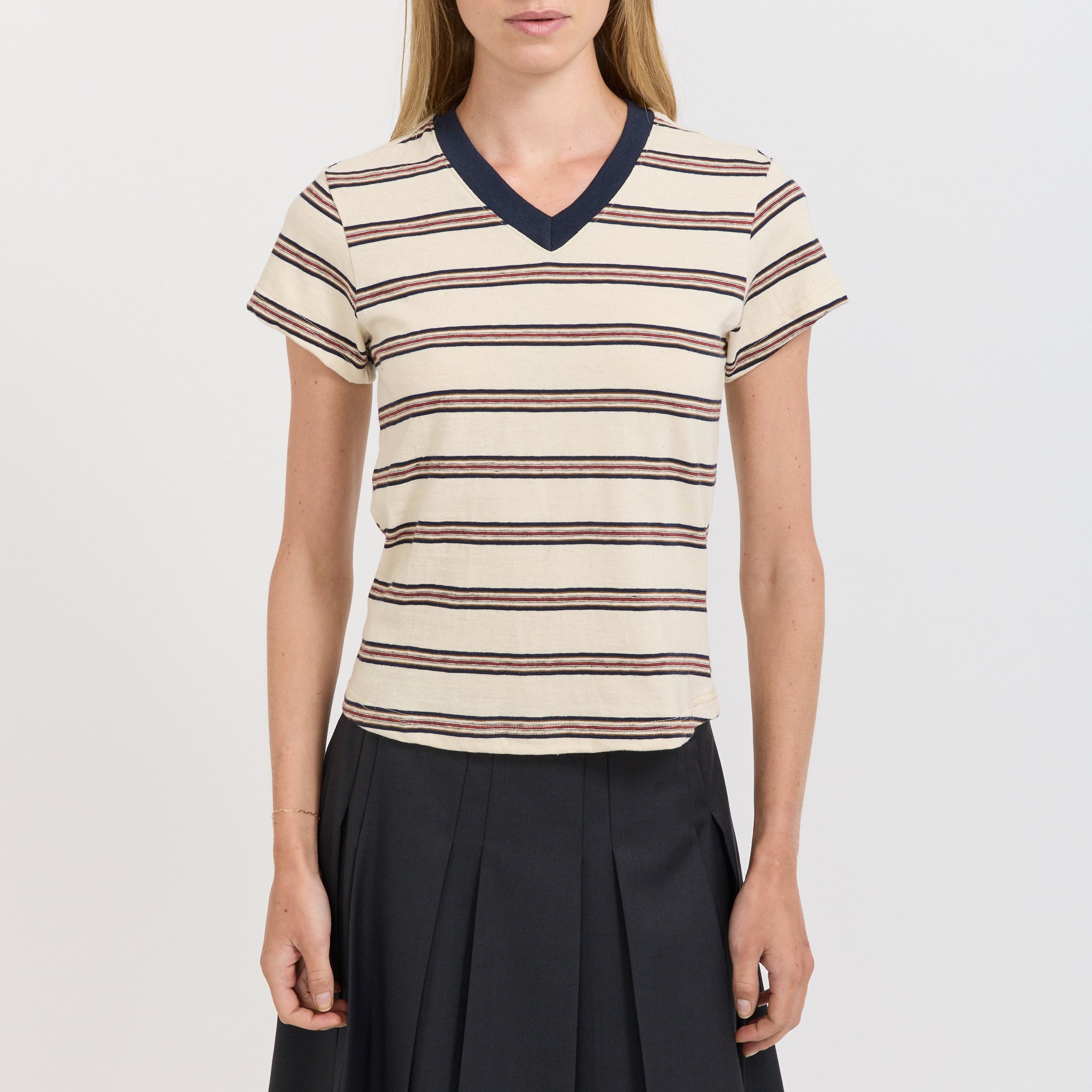 Bassike | Vintage V-Neck Baby T-Shirt Navy/Red/Natural | Maplestore