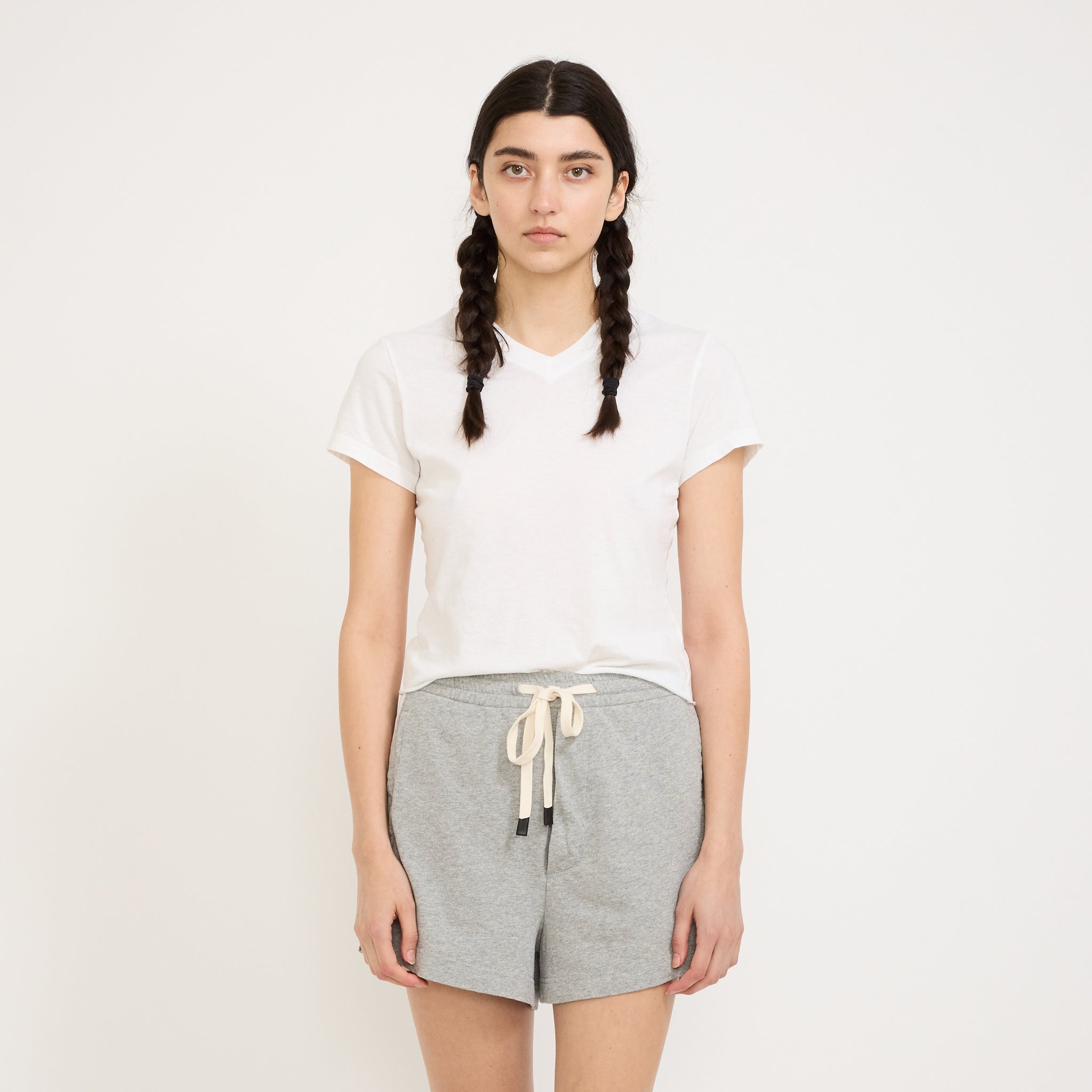 Bassike | V-Neck Raw Edge Baby T-Shirt White | Maplestore