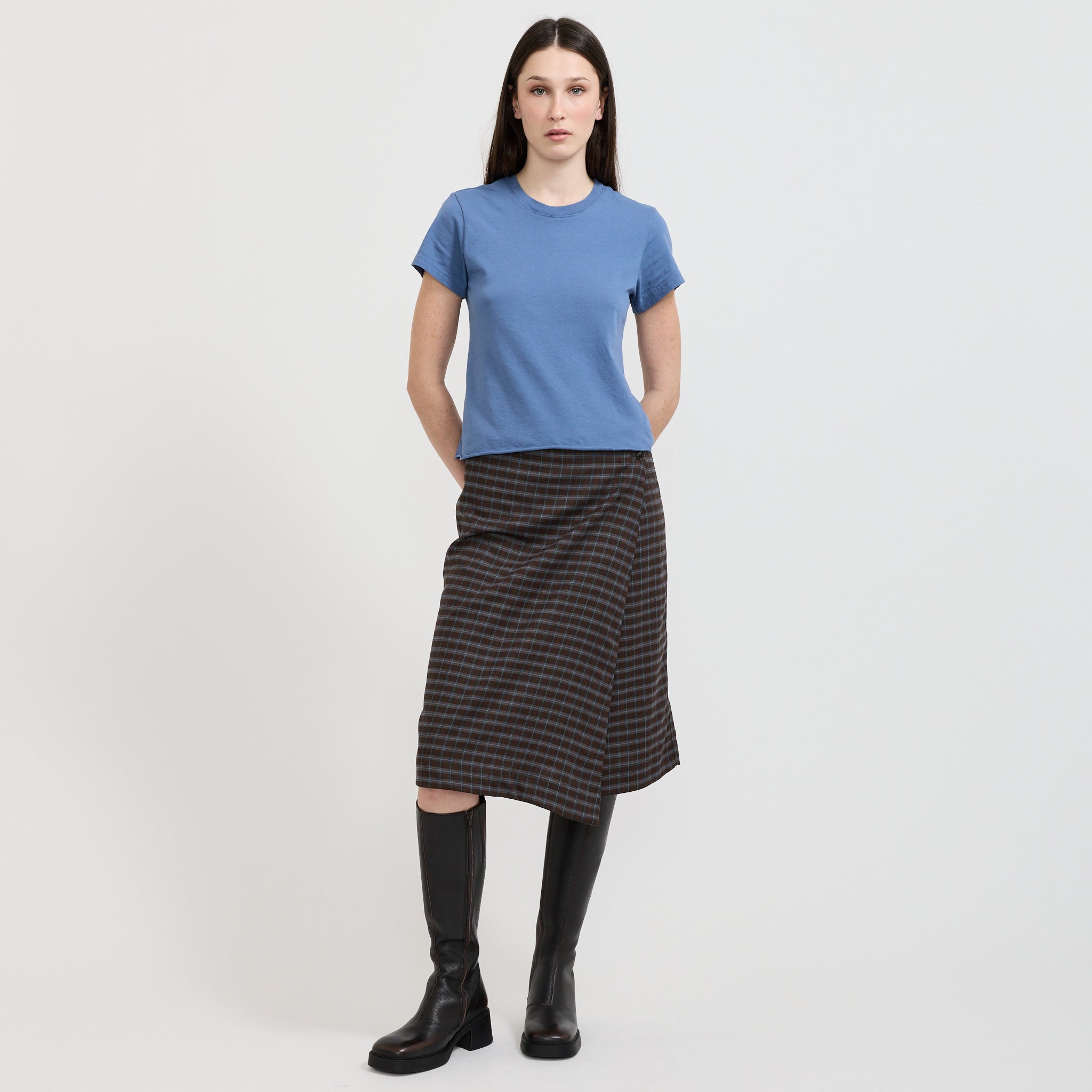 Check Asymmetric Wrap Skirt Dark Brown/Pale Blue Check