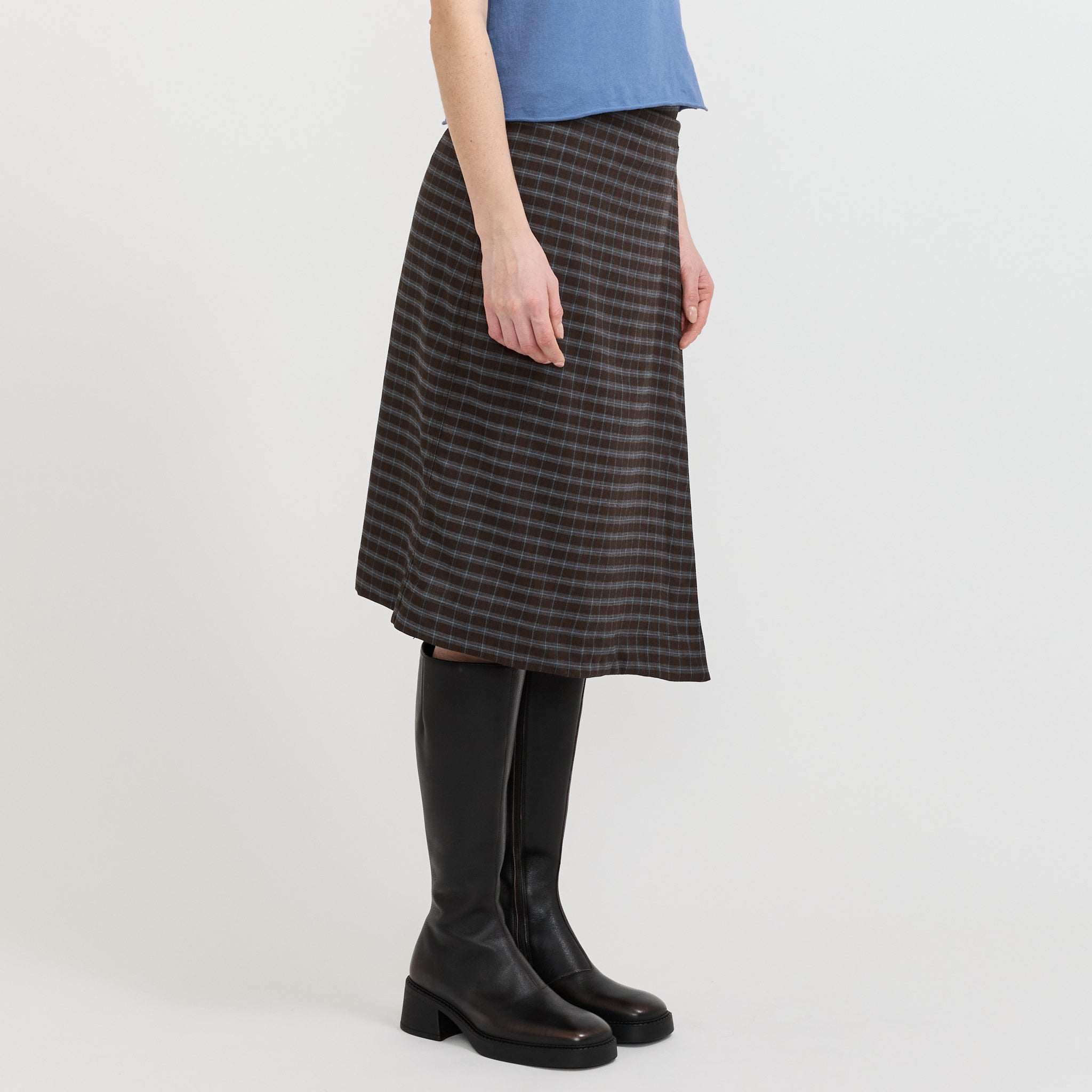 Check Asymmetric Wrap Skirt Dark Brown/Pale Blue Check
