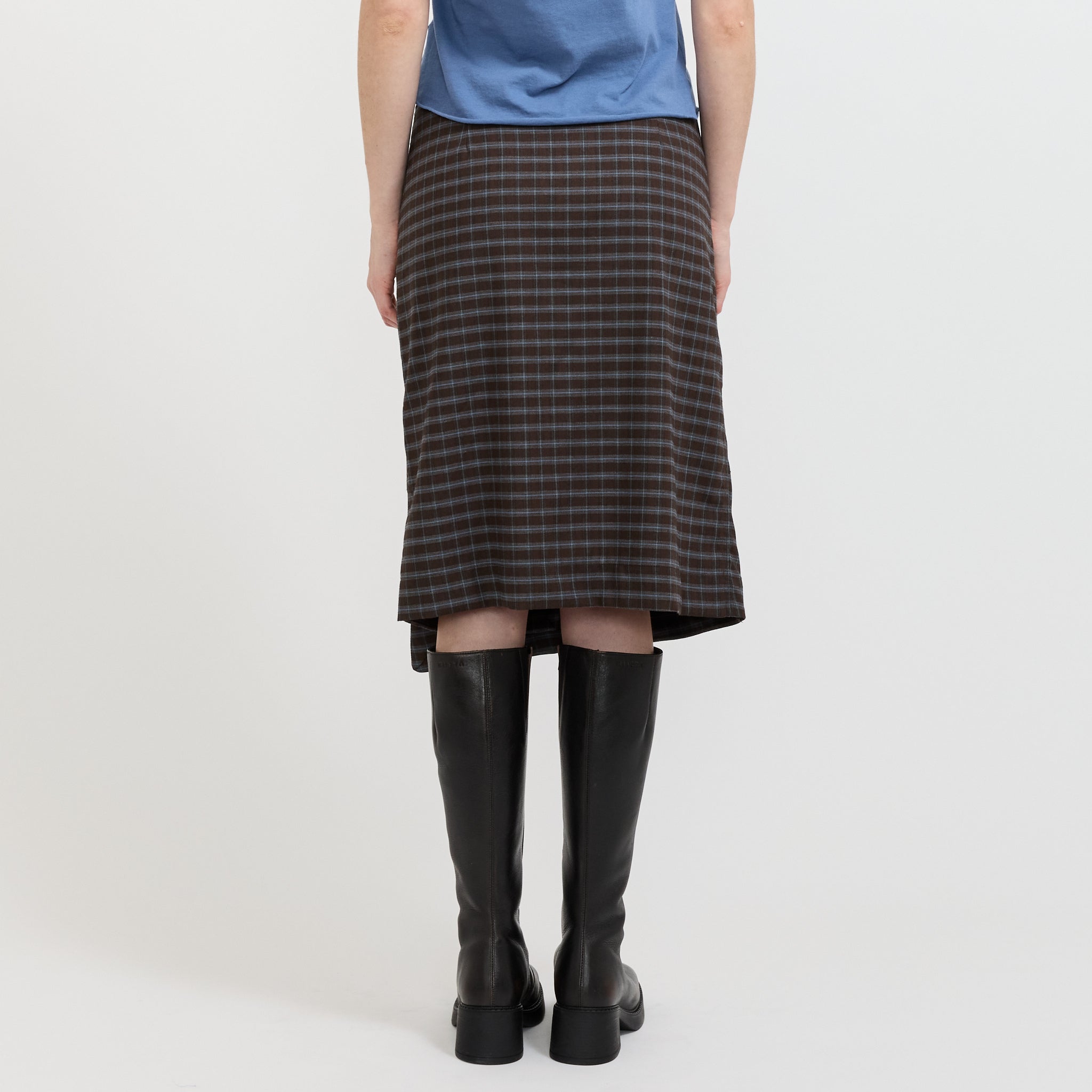 Check Asymmetric Wrap Skirt Dark Brown/Pale Blue Check