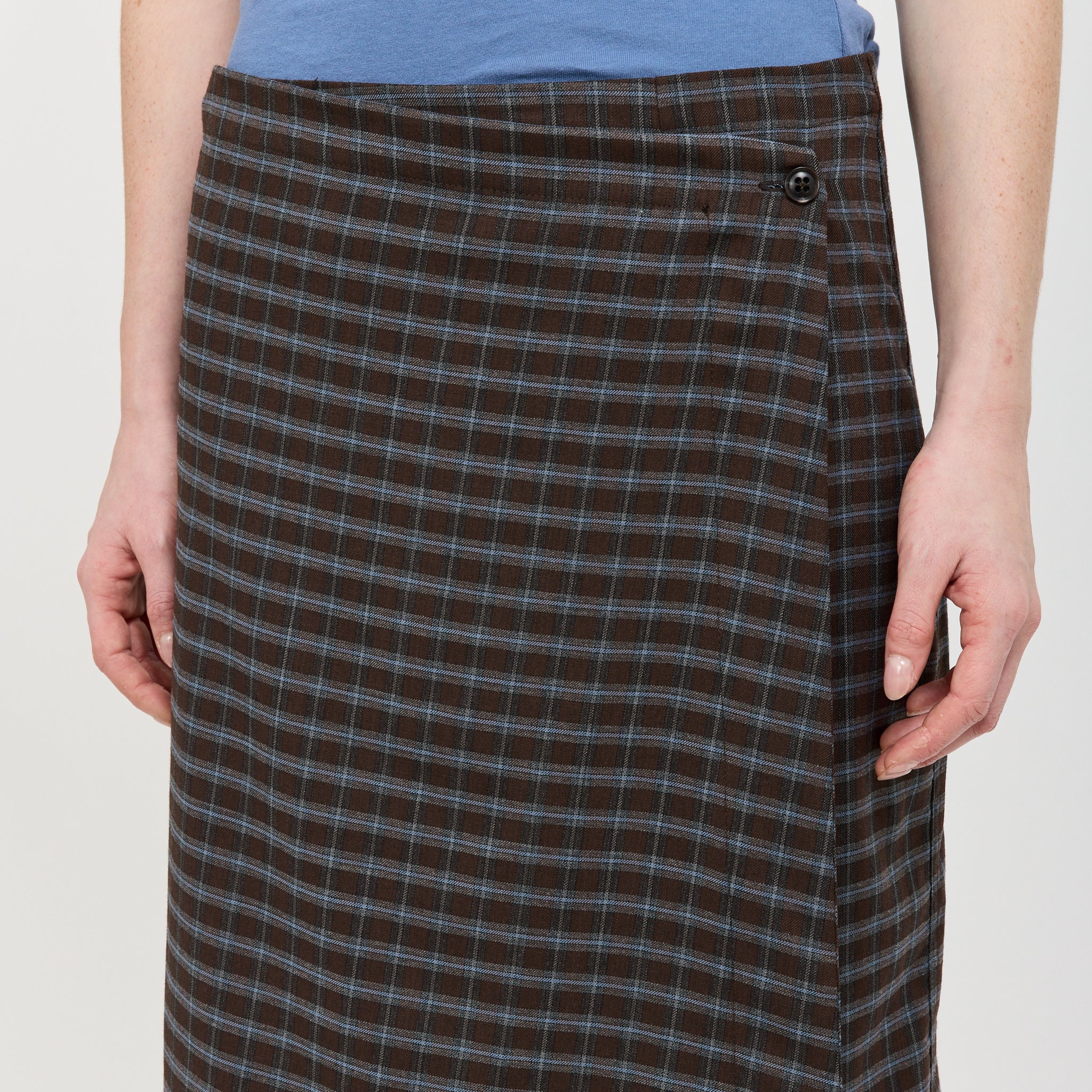 Check Asymmetric Wrap Skirt Dark Brown/Pale Blue Check