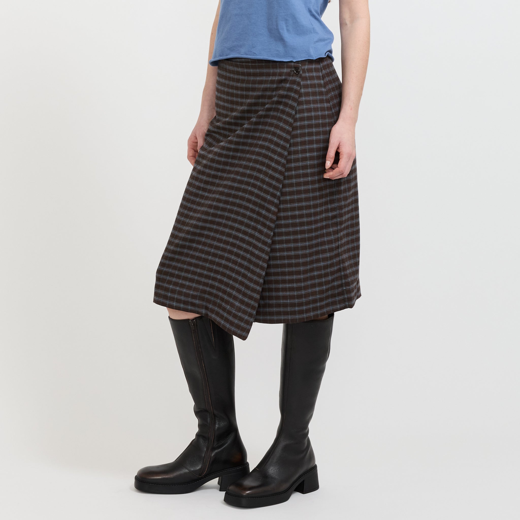 Check Asymmetric Wrap Skirt Dark Brown/Pale Blue Check