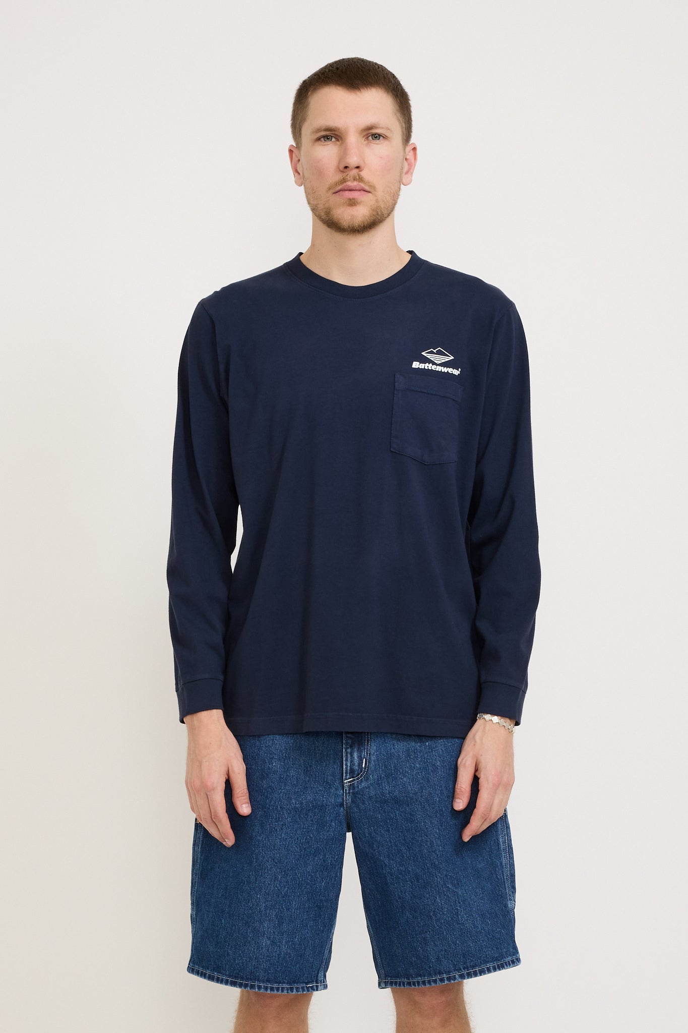 Battenwear | Team L/S Pocket Tee Navy x White | Maplestore