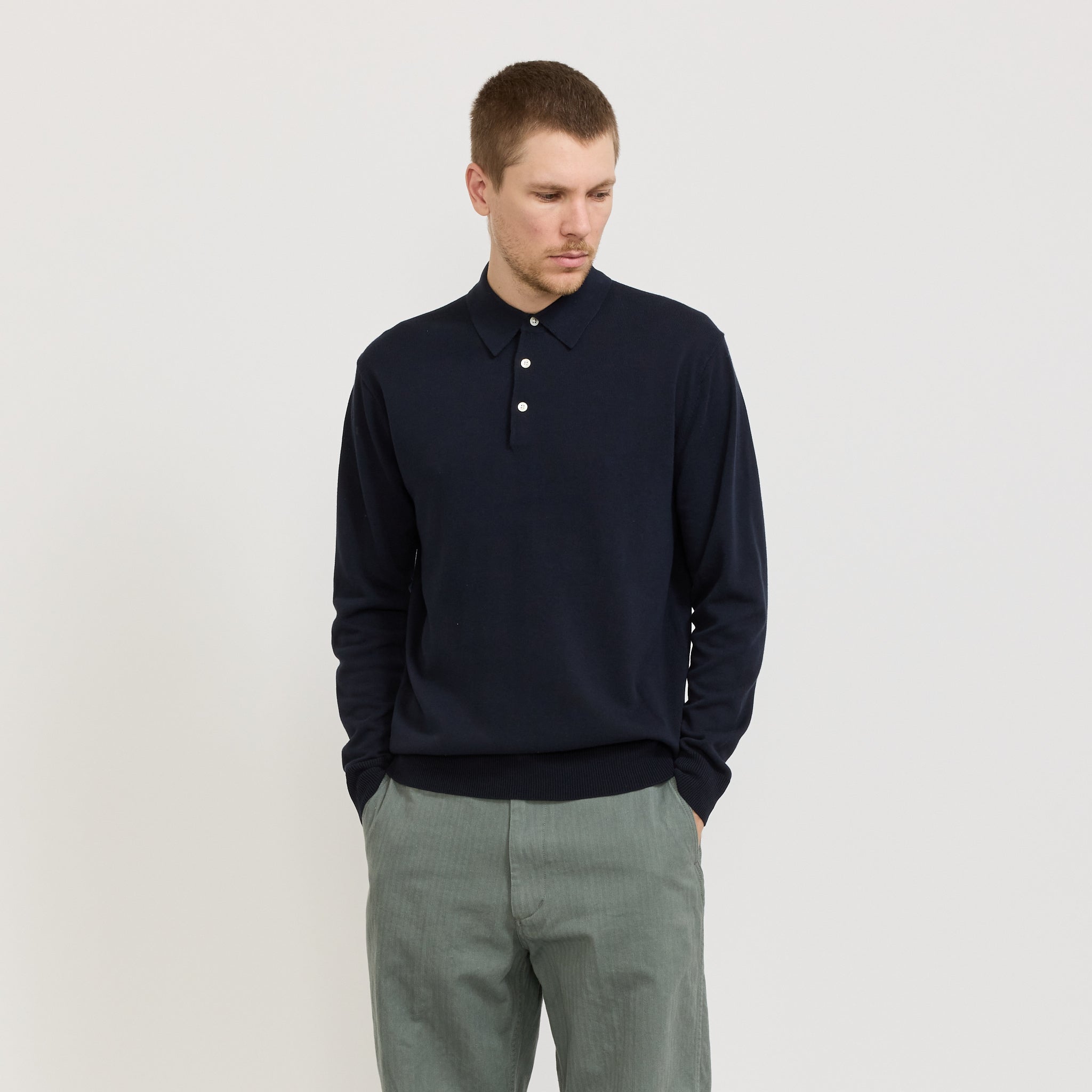 Beams Plus | Knit Polo 12G Long Sleeve Navy | Maplestore