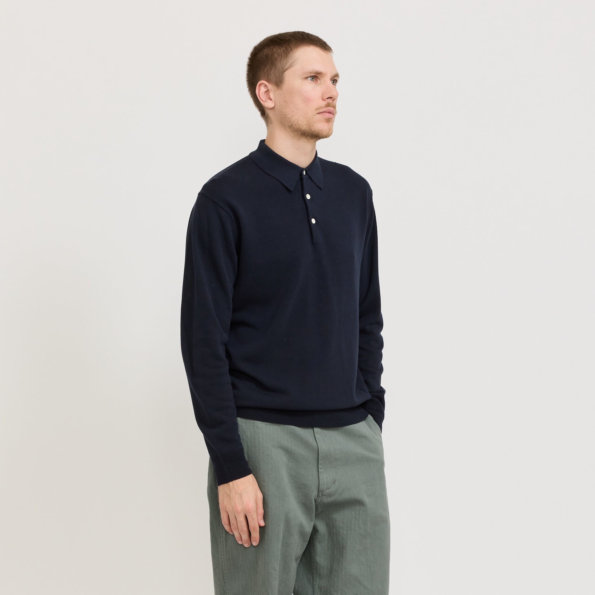 Beams Plus | Knit Polo 12G Long Sleeve Navy | Maplestore