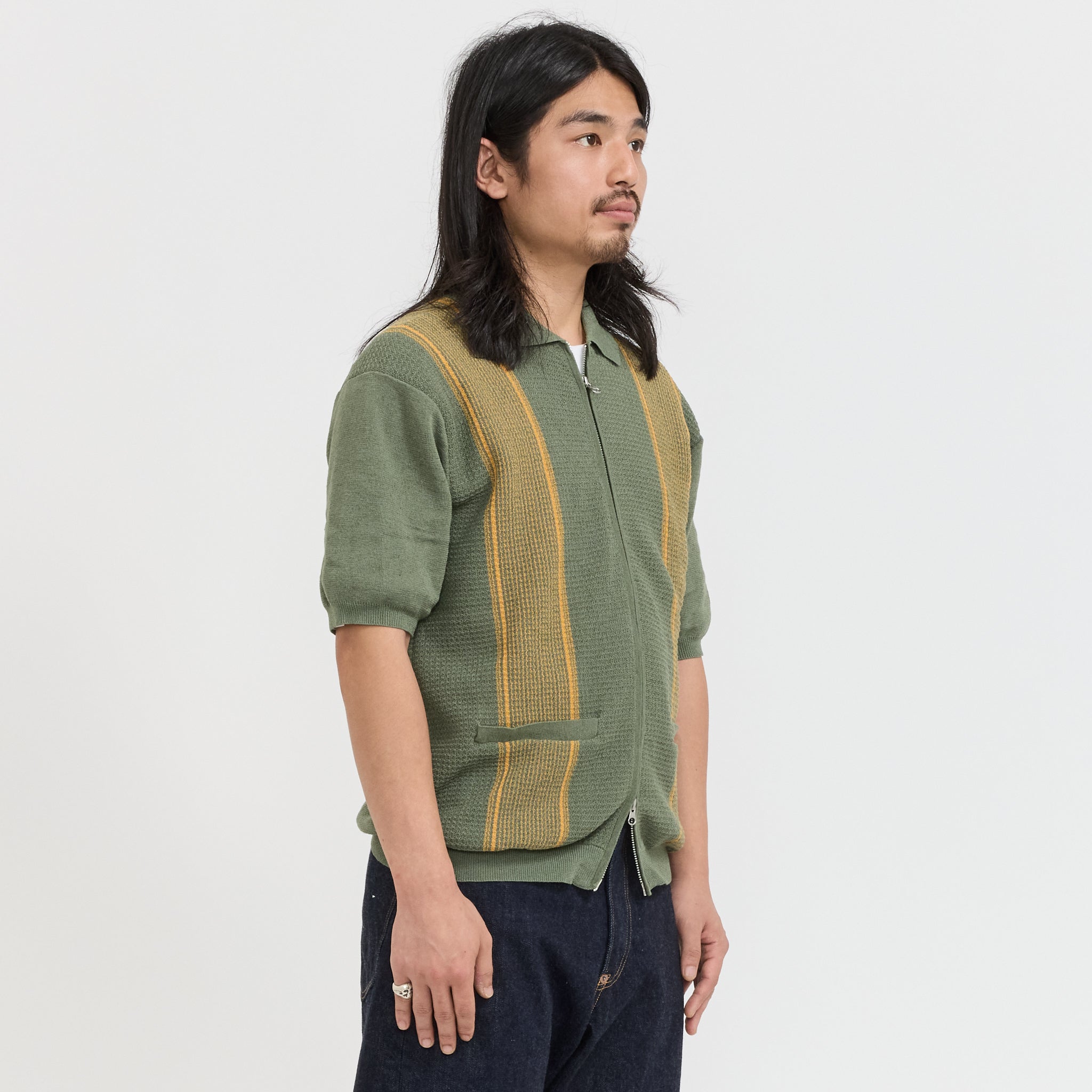 Beams Plus | Zip Knit Polo Stripe Olive | Maplestore