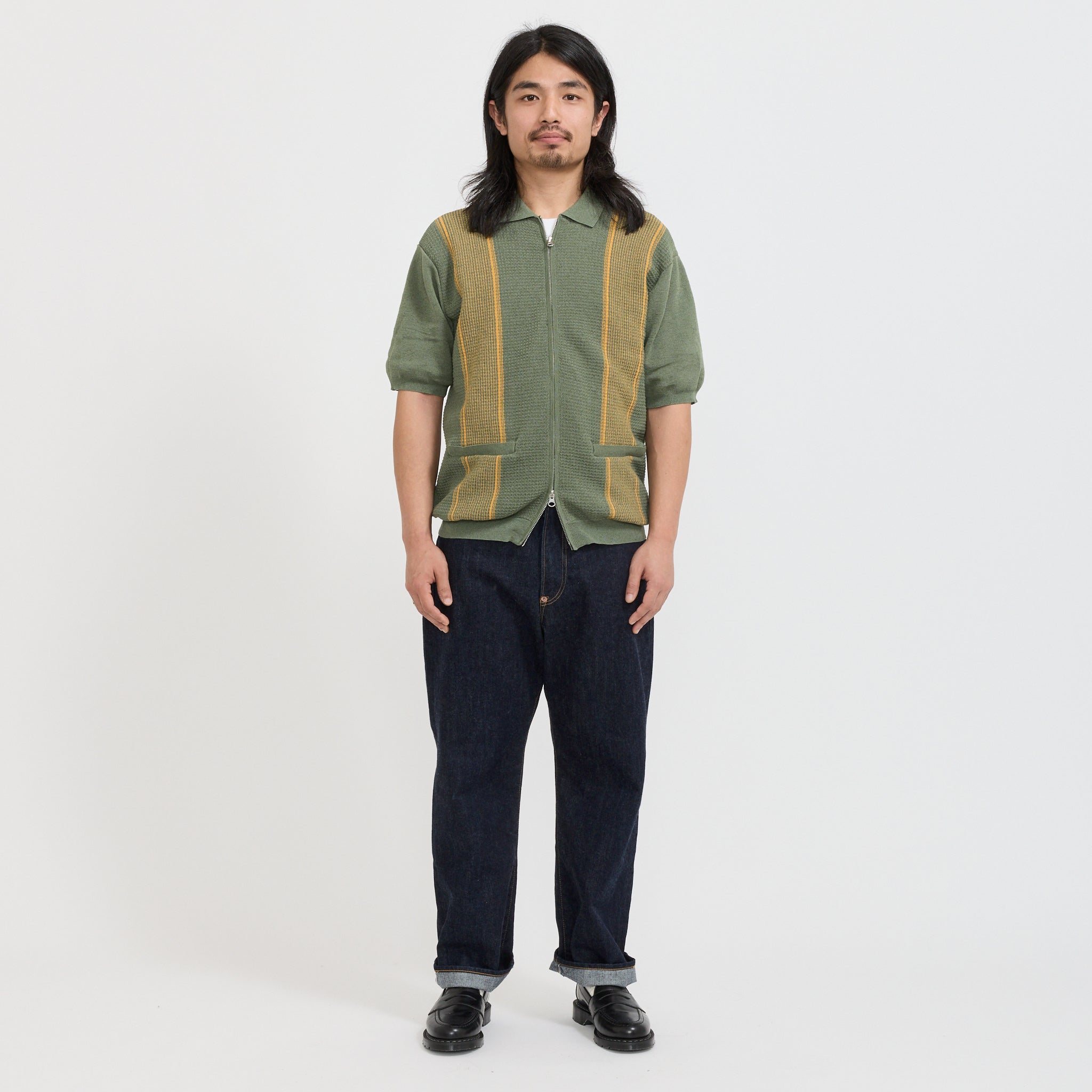 Beams Plus | Zip Knit Polo Stripe Olive | Maplestore