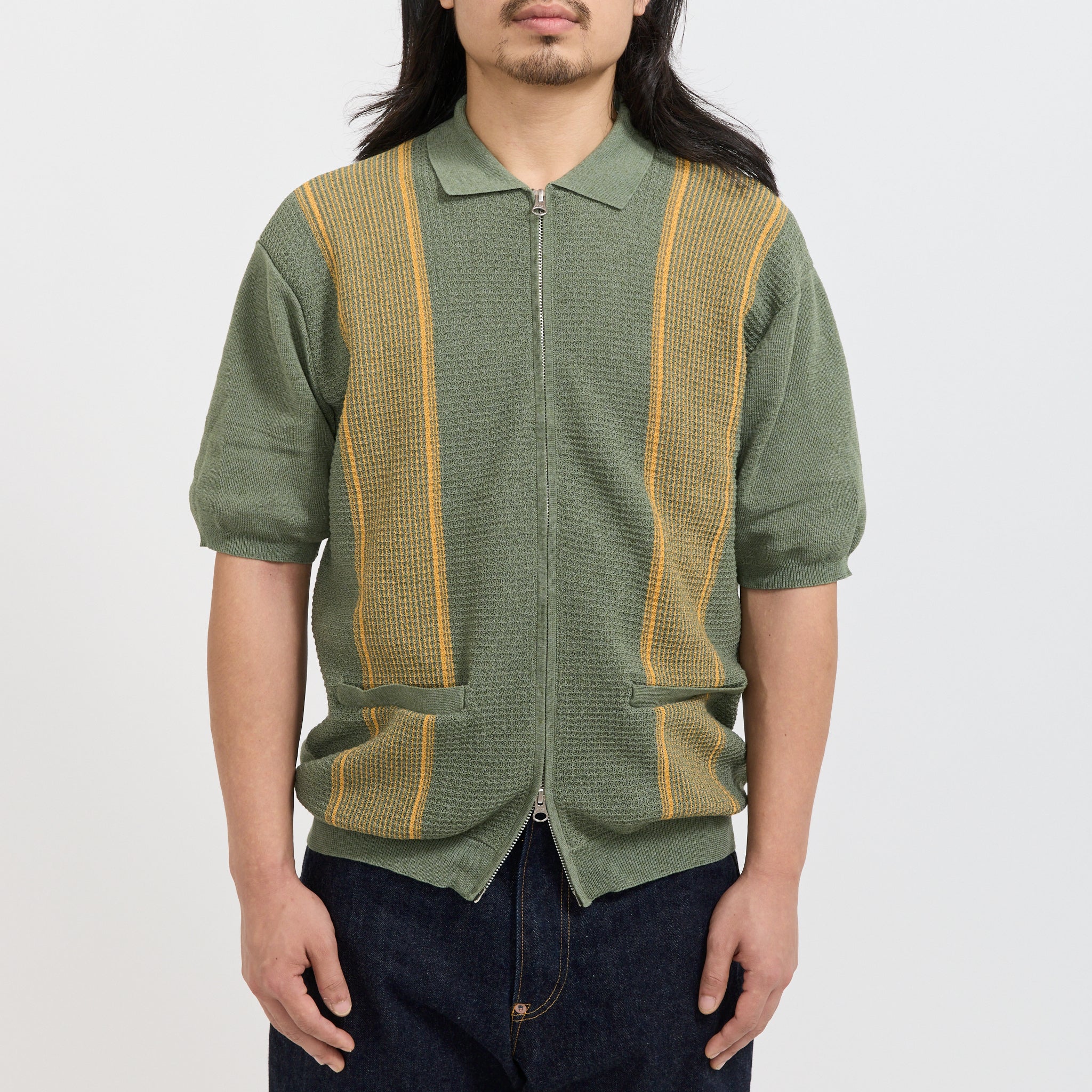 Beams Plus | Zip Knit Polo Stripe Olive | Maplestore