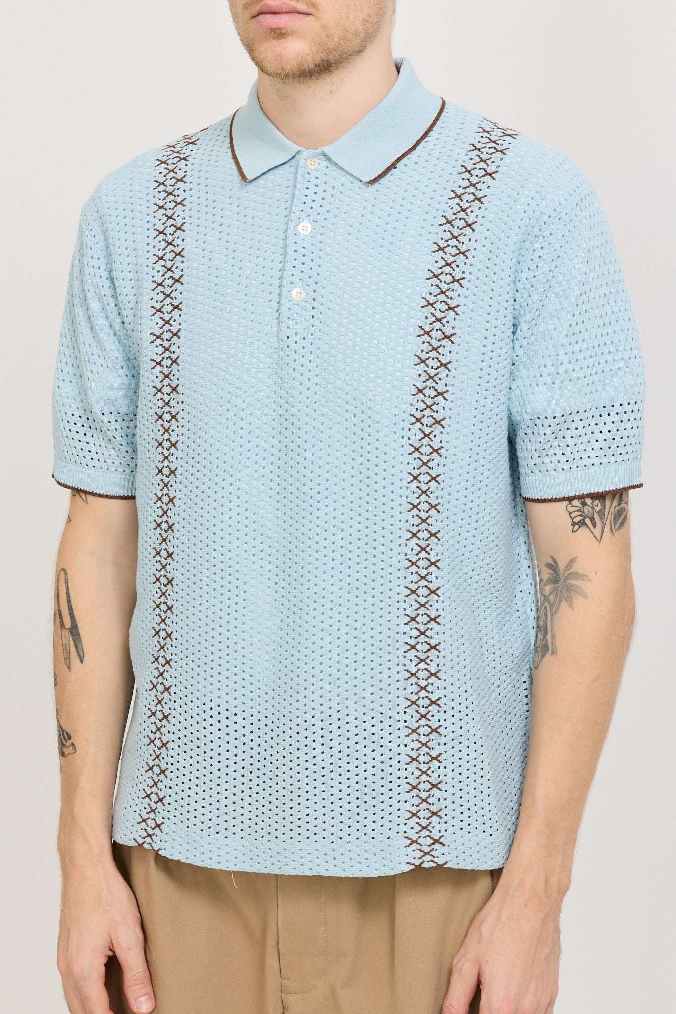 Knit Polo Mesh Stripe Sax