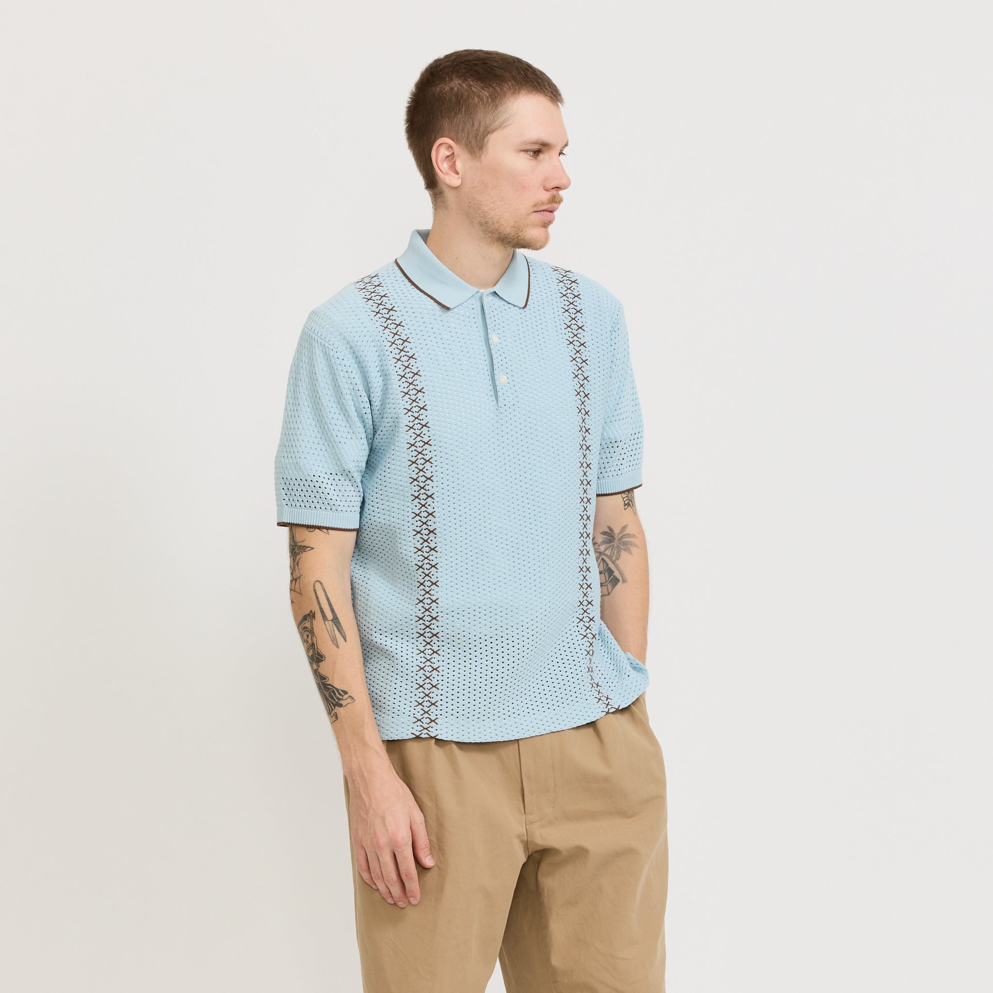 Knit Polo Mesh Stripe Sax