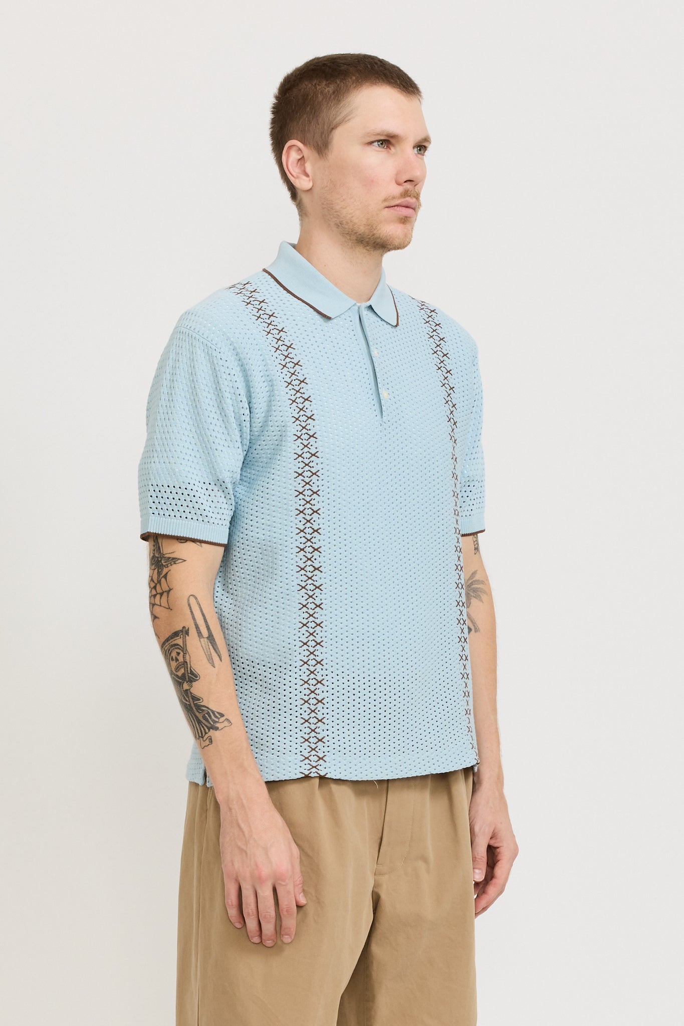 Knit Polo Mesh Stripe Sax