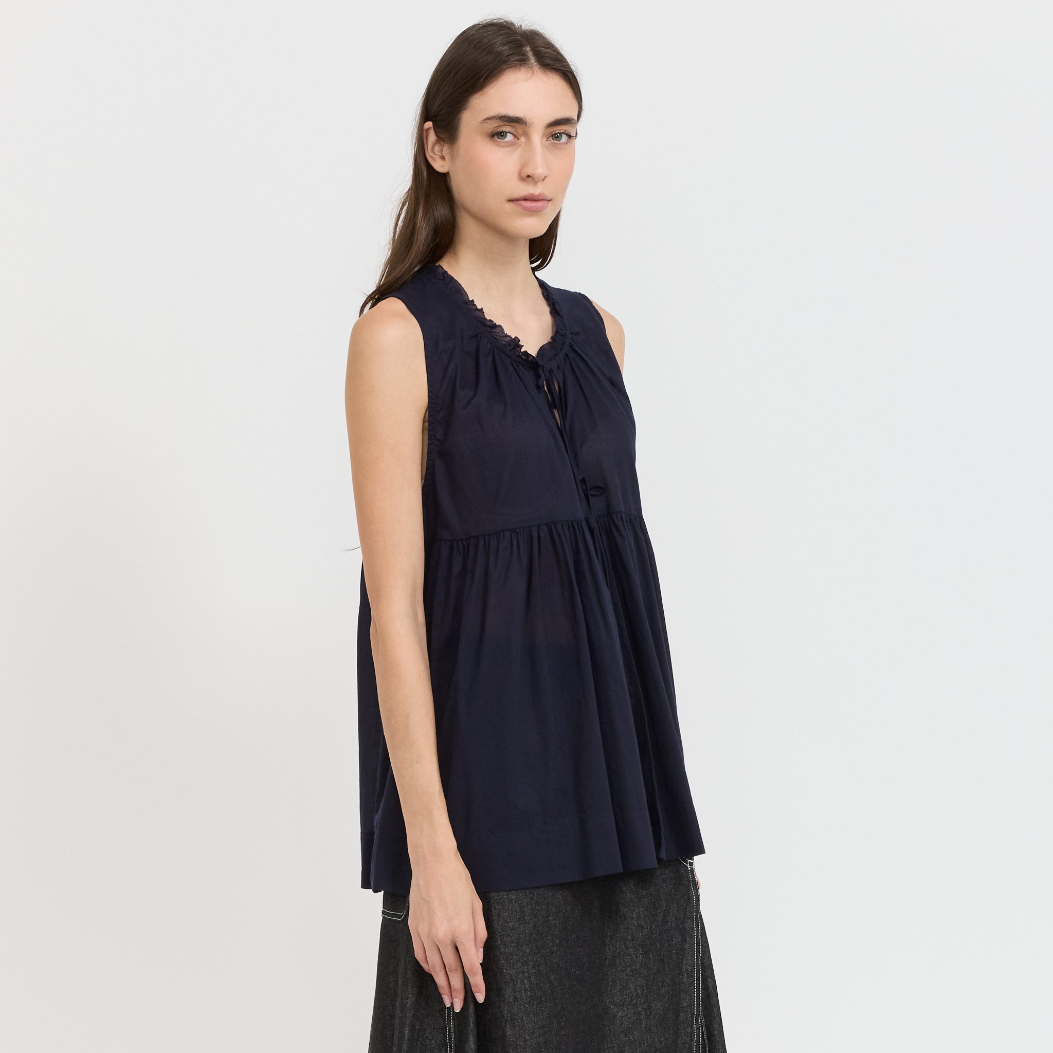 Beams Boy | Cotton Gather Non-Sleeve Shirt Navy | Maplestore