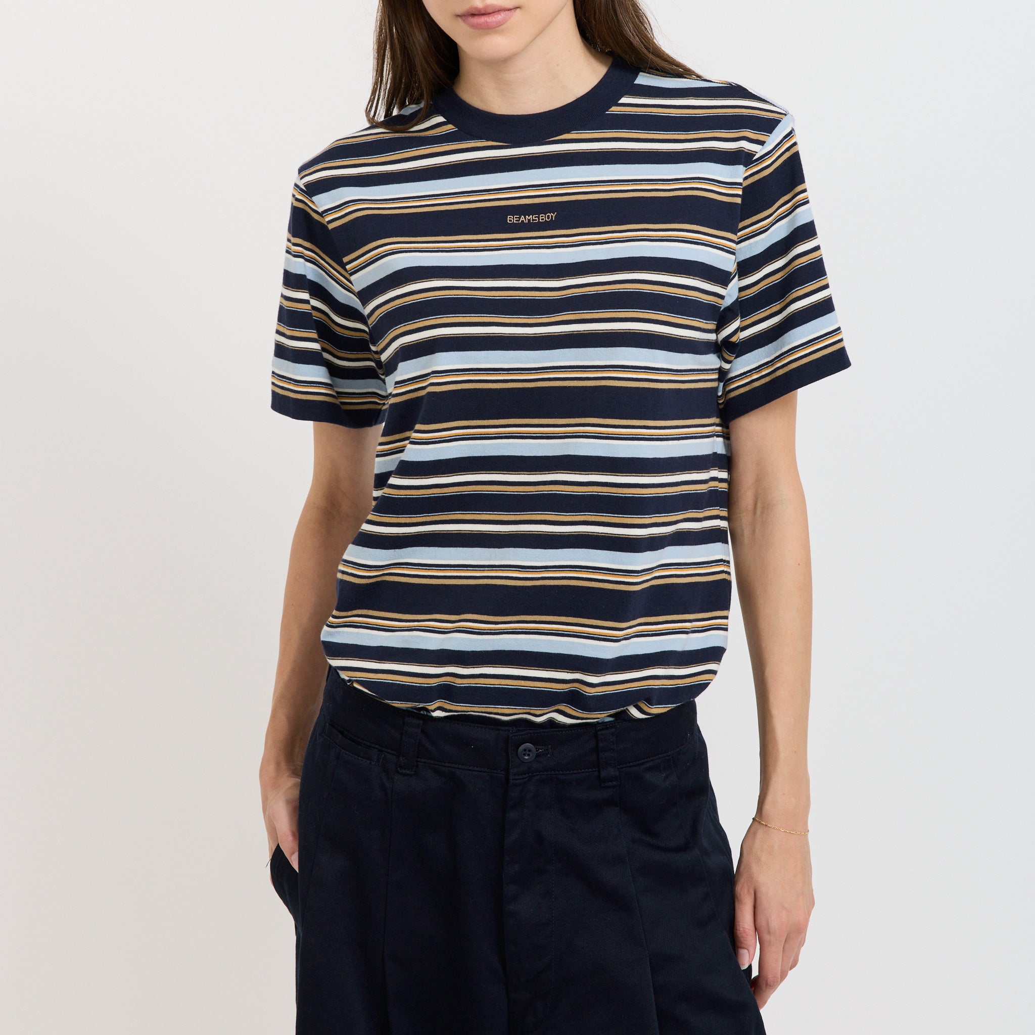 Beams Boy | Embroidery Multi-Striped Short Sleeve Navy | Maplestore