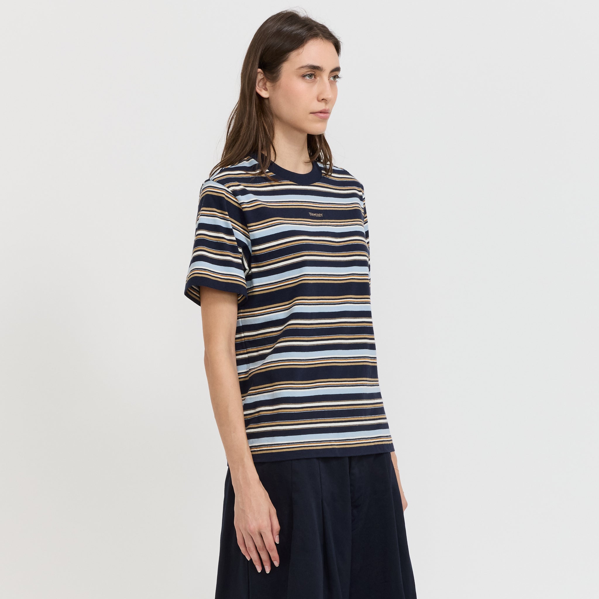 Beams Boy | Embroidery Multi-Striped Short Sleeve Navy | Maplestore