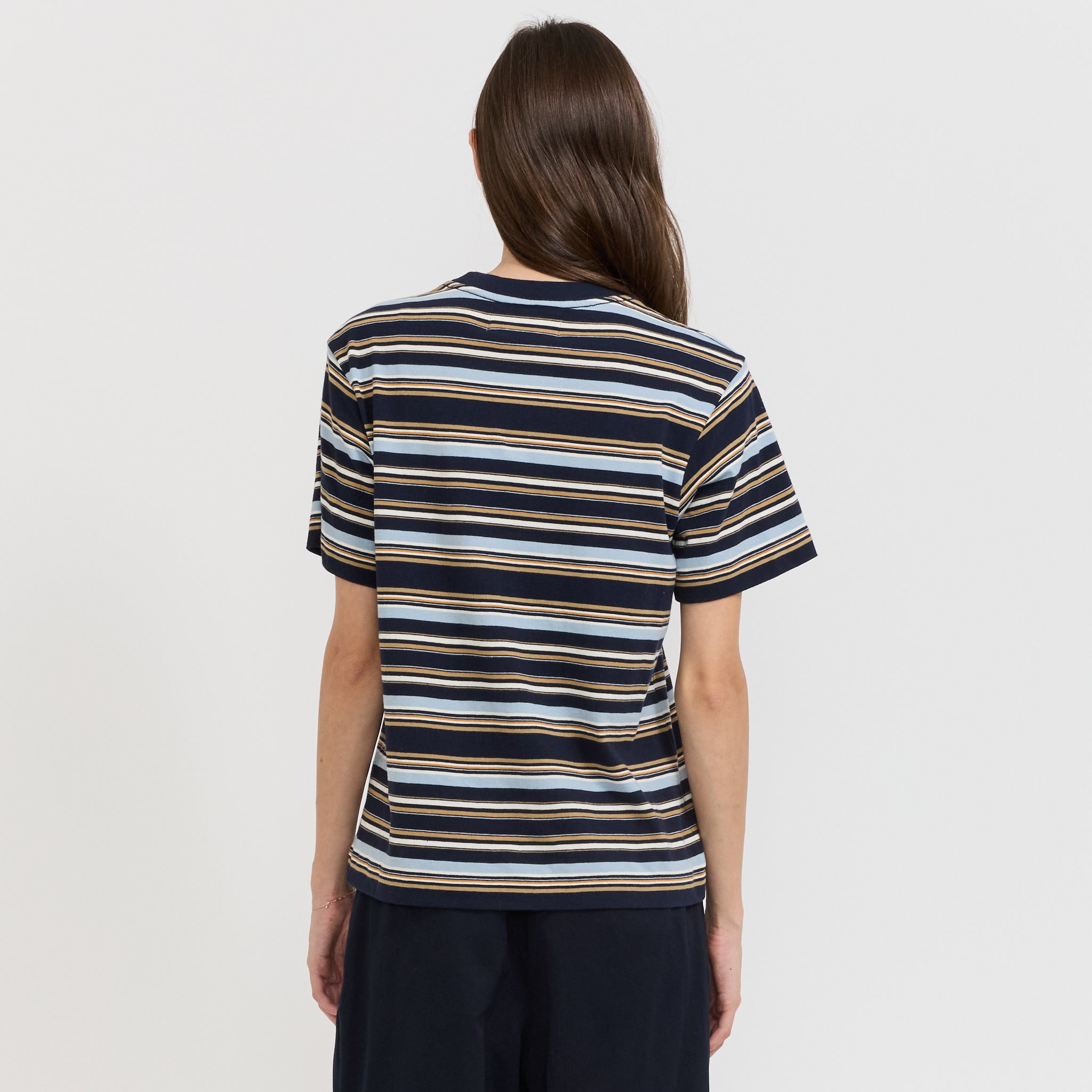 Beams Boy | Embroidery Multi-Striped Short Sleeve Navy | Maplestore