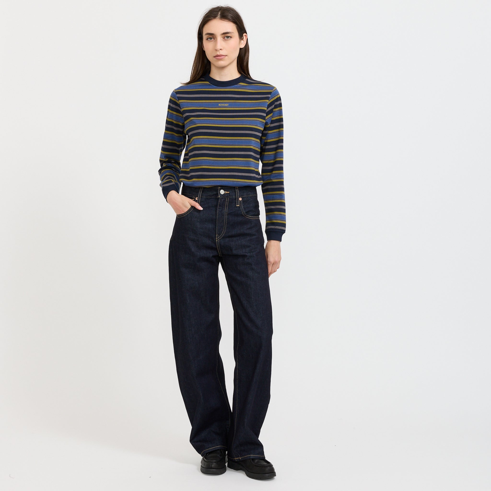 Boy Embroidered Stripe Long Sleeve T-Shirt Navy