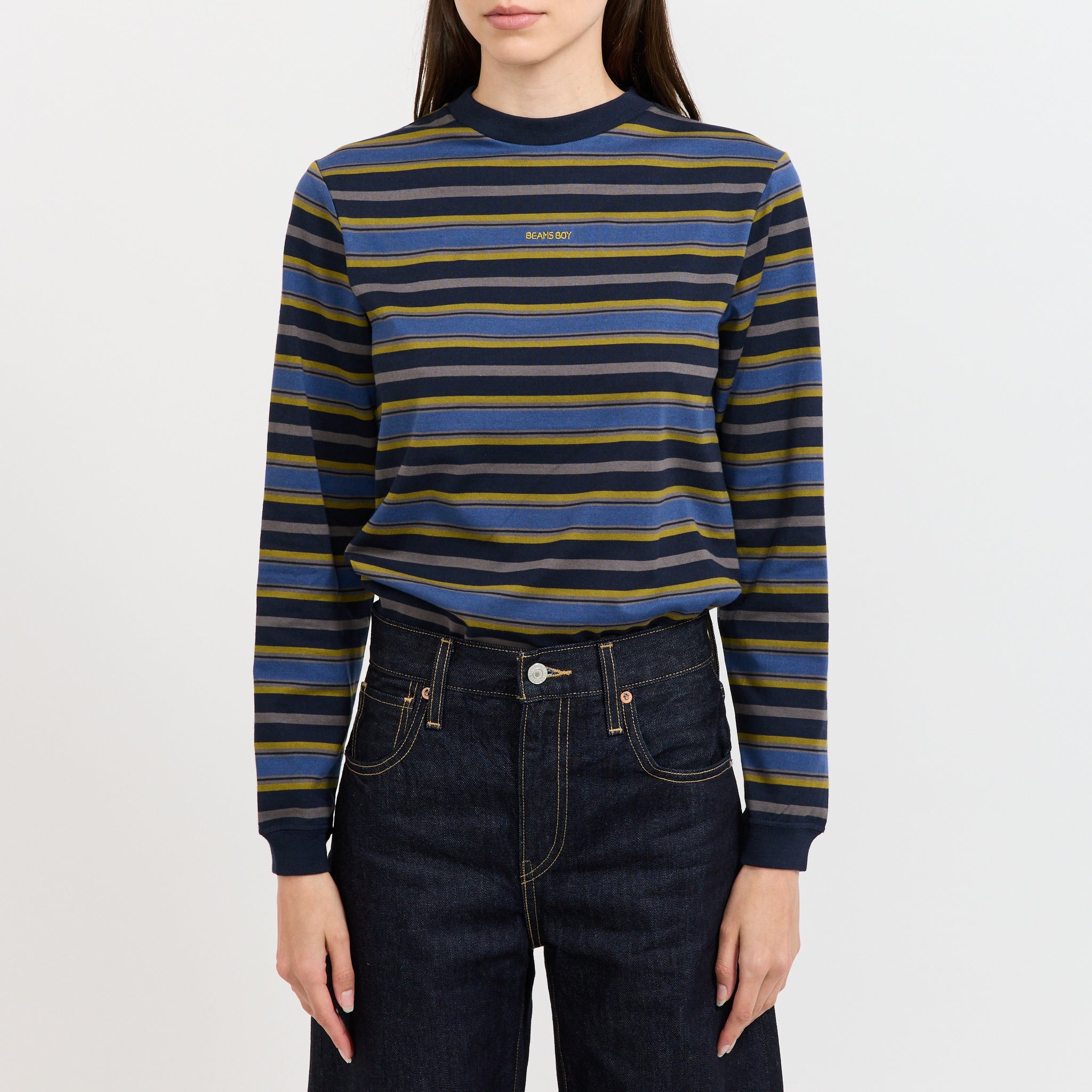 Boy Embroidered Stripe Long Sleeve T-Shirt Navy