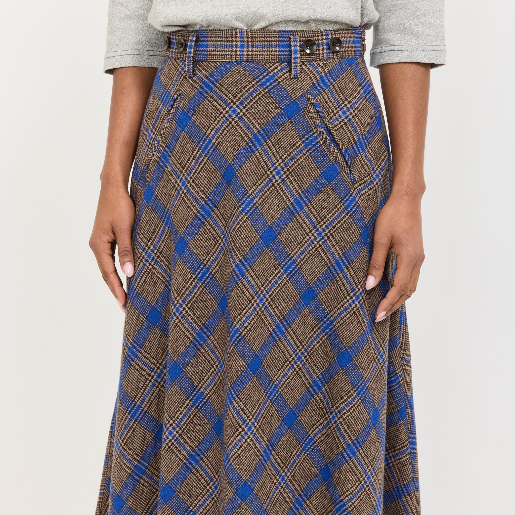 O.Check Long A-Line Skirt Brown