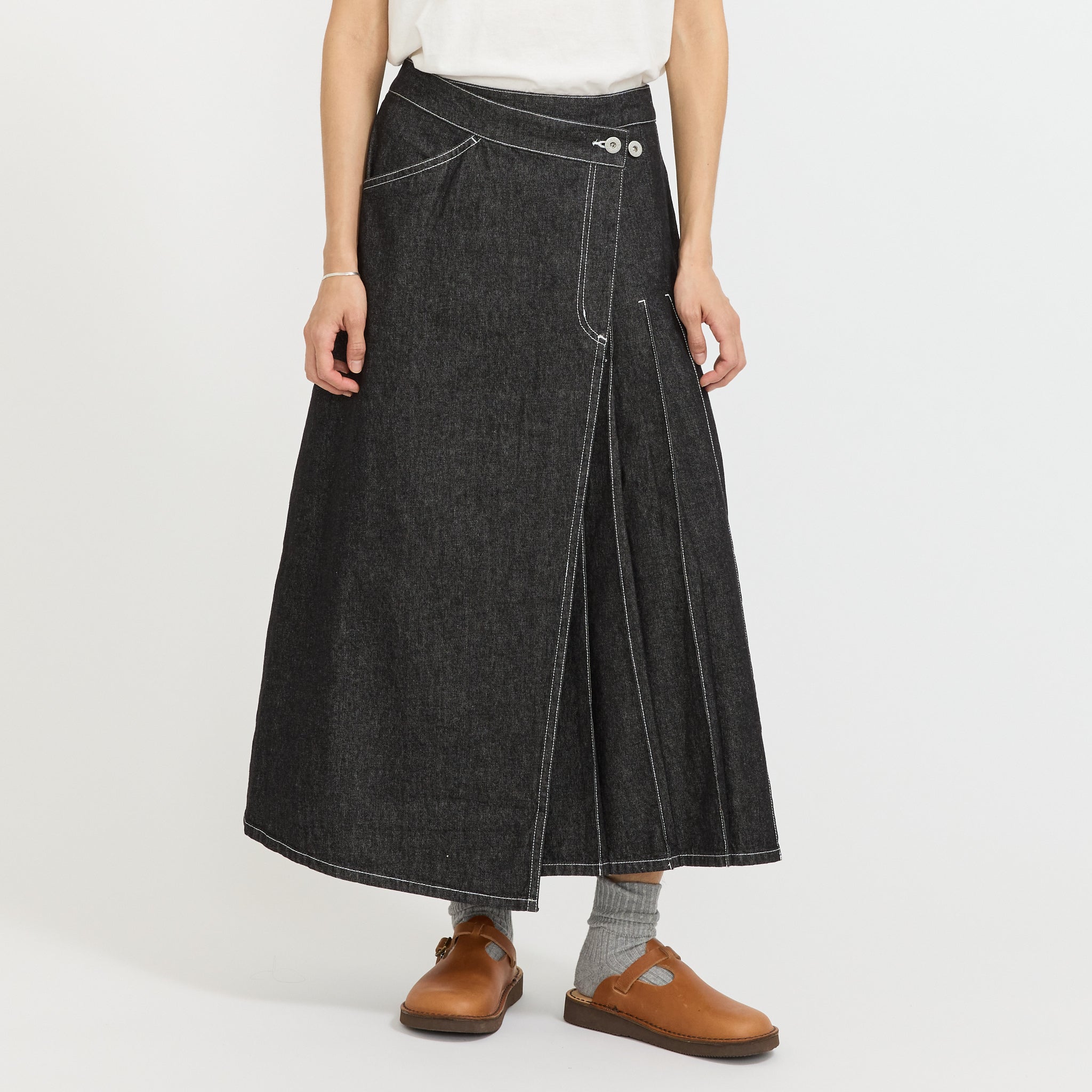 Wrap Pleated Skirt Black Denim