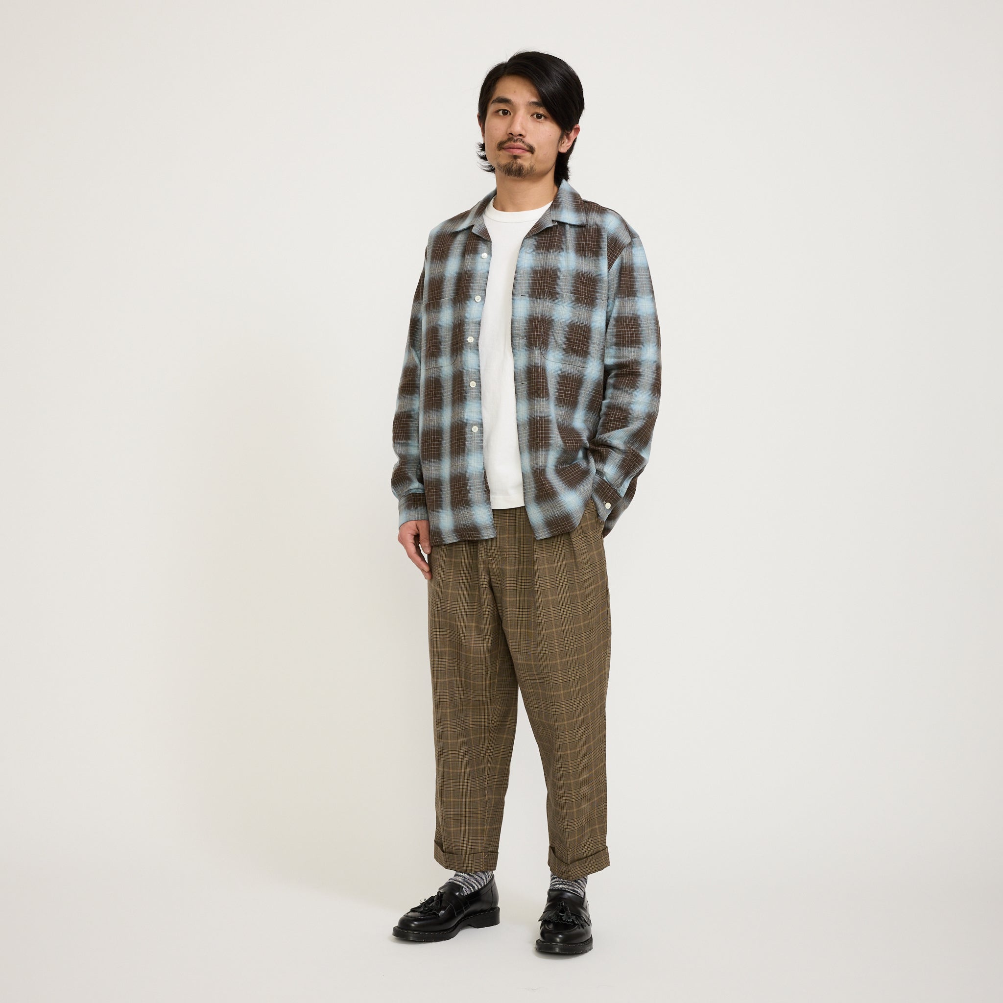 Beams Plus | 2 Pleats Tapered TW Twill Plaid Pant Light Brown | Maplestore