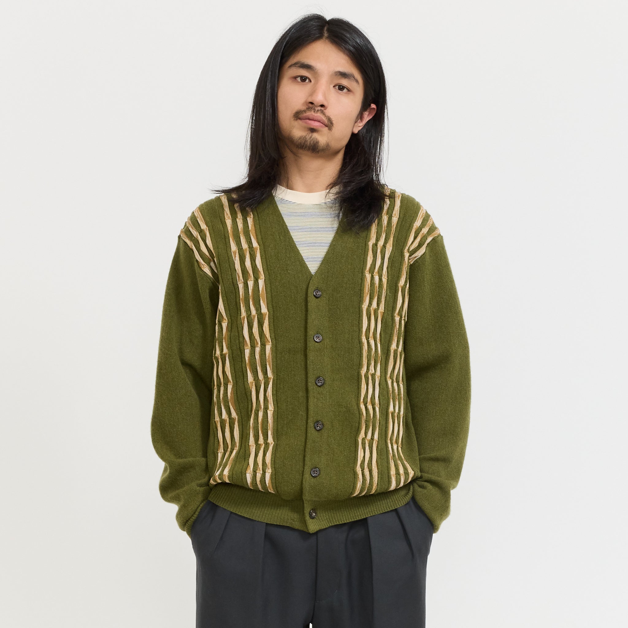 Cardigan Born Stripe 14G Olive