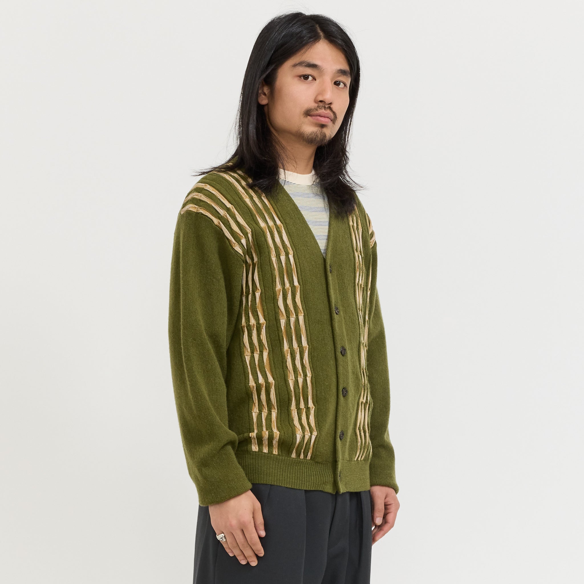Cardigan Born Stripe 14G Olive