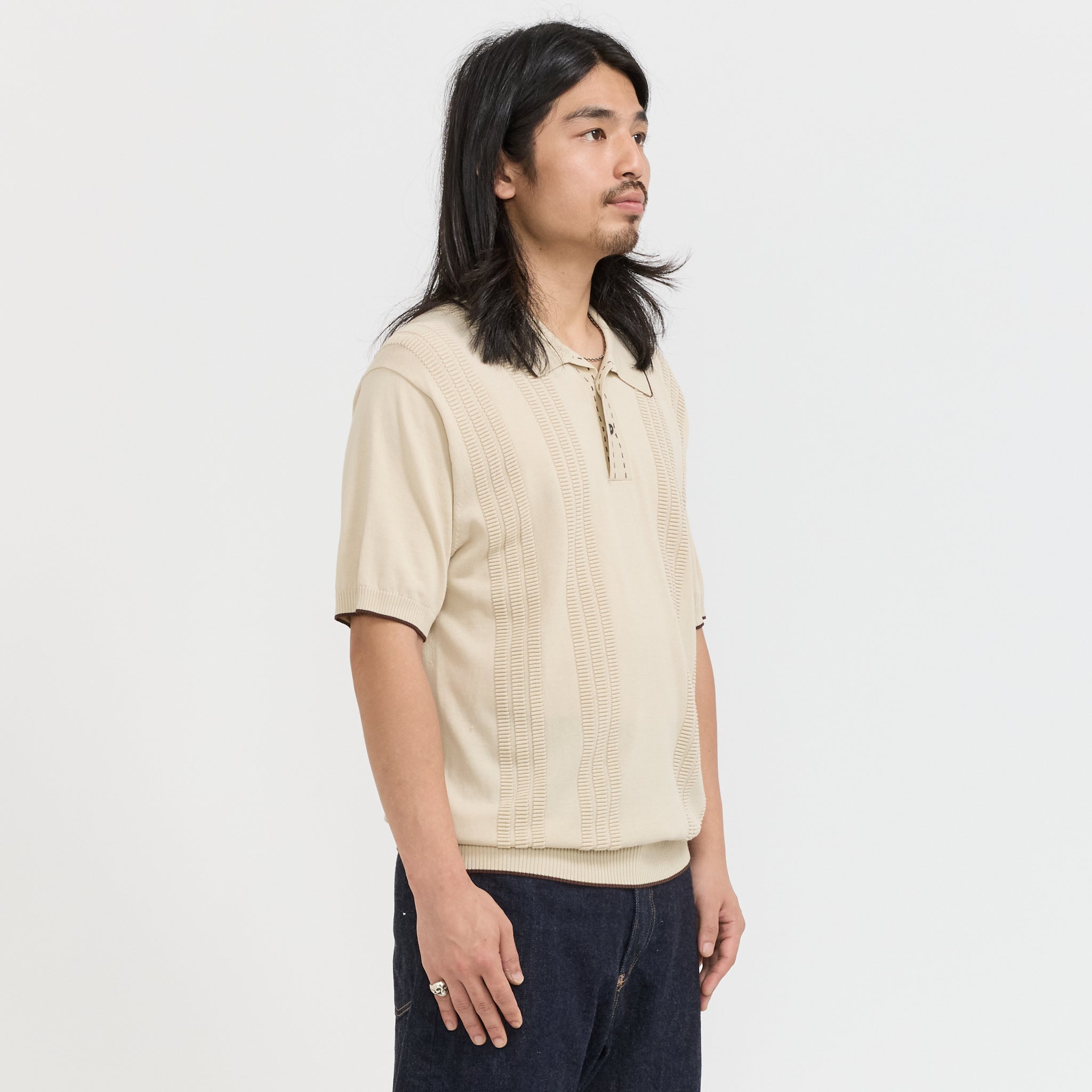 Beams Plus | Knit Polo Raised Pattern Jacquard Line Beige | Maplestore