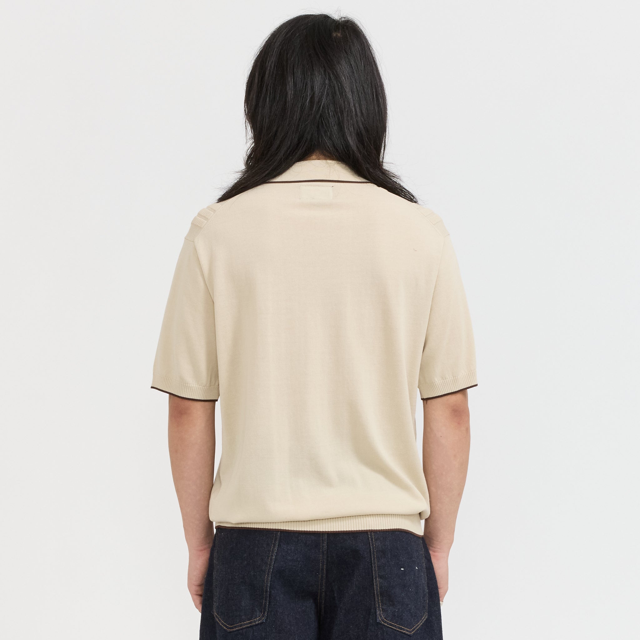 Beams Plus | Knit Polo Raised Pattern Jacquard Line Beige | Maplestore