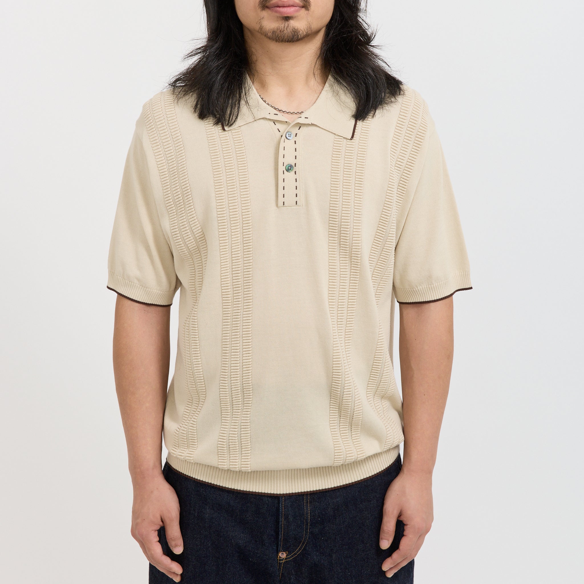 Beams Plus | Knit Polo Raised Pattern Jacquard Line Beige | Maplestore