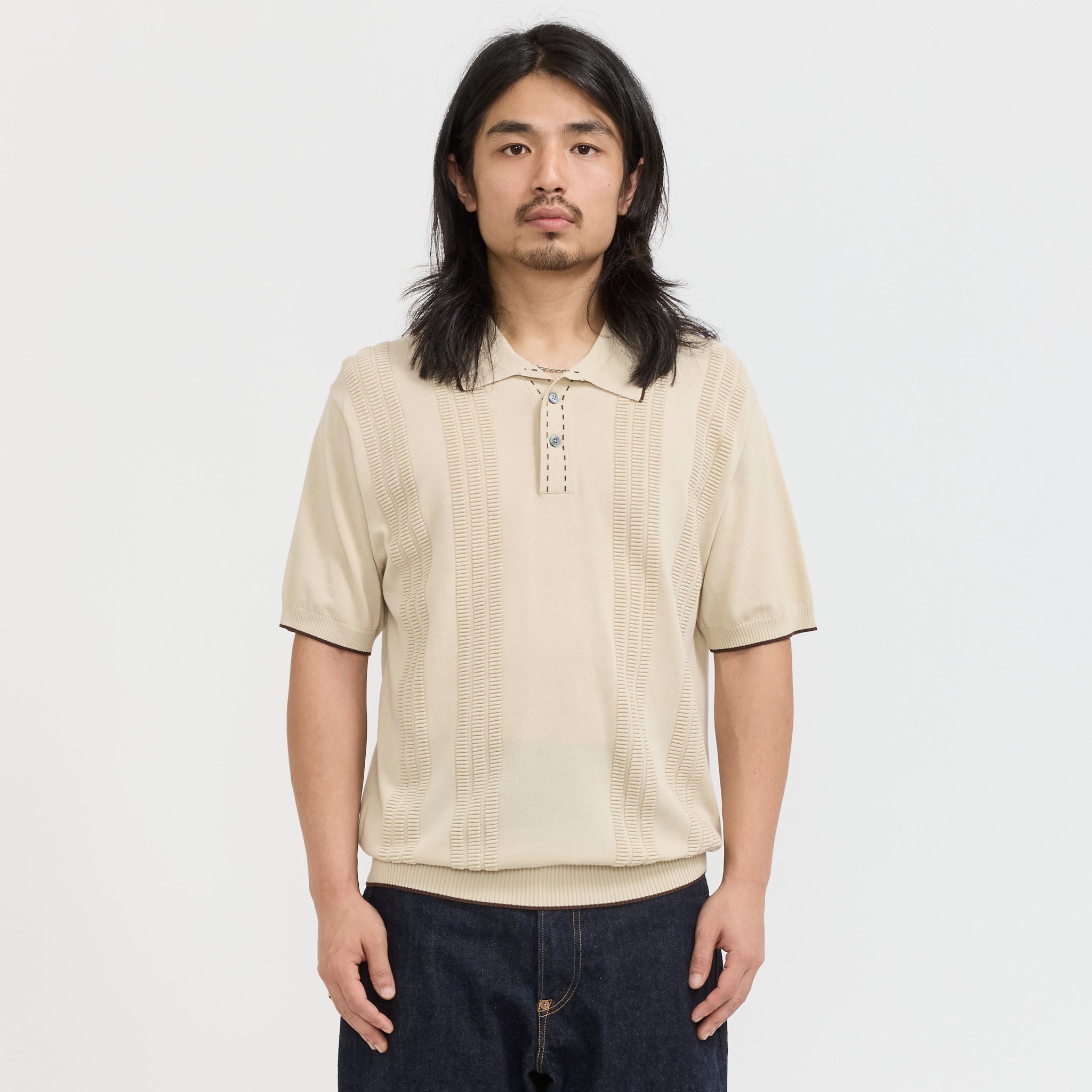 Beams Plus | Knit Polo Raised Pattern Jacquard Line Beige | Maplestore